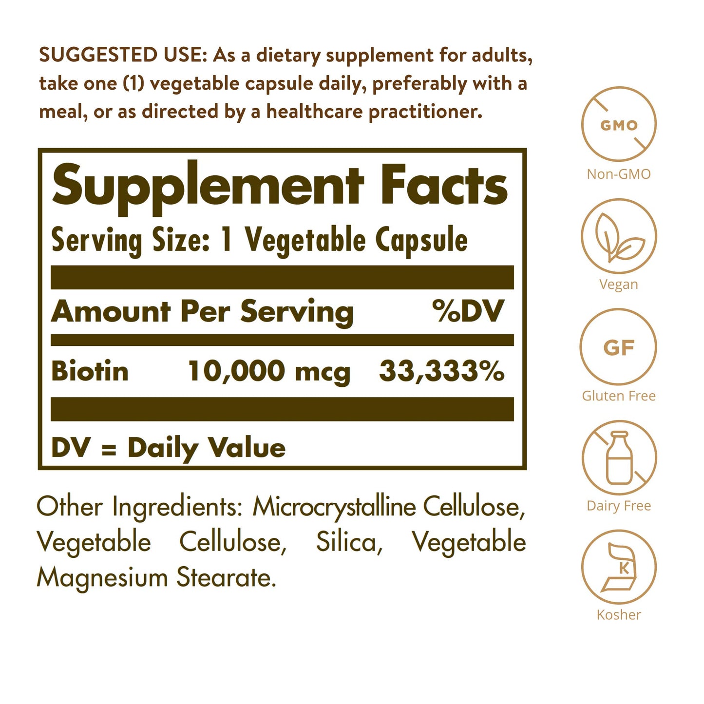 Solgar Biotin 10000 mcg Vegetable Capsules Energy Metabolism Promotes Healthy Skin Nails Hair Super High Potency NonGMO Vegan Gluten Free Dairy Free Kosher Servings, Standard Packaging, Unflavored, 120 Count
