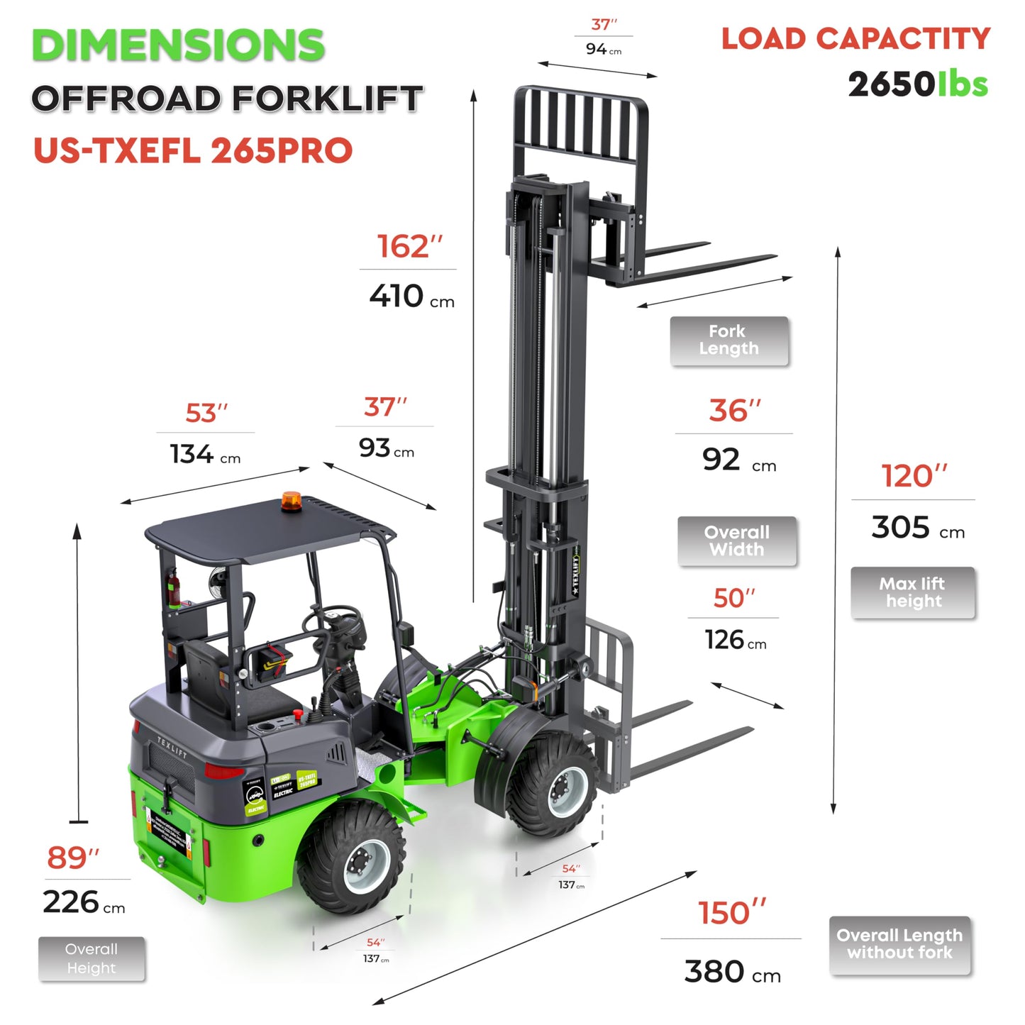All-Terrain Off-Road Electric Forklift Pallet Stacker - 2650 Lb Capacity, Lithium Battery Powered Lift Truck, 120″ Lift Height, 36″ Forks - Yard, Job Site & Warehouse Use (US-TXEFL265PRO)