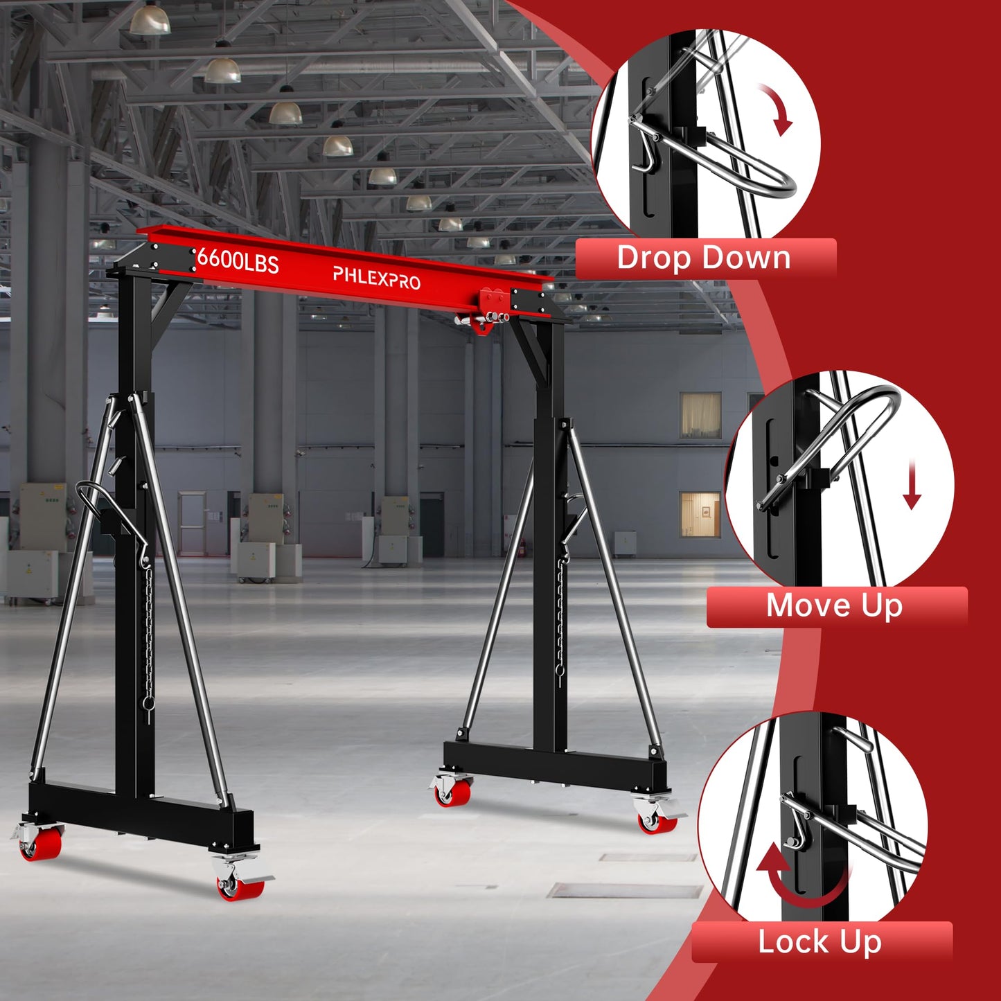 3 Ton Gantry Crane, 6600LBS Capacity, Adjustable Height 8.53 to 12.47ft with Triangle Base, Portable I-Beam Hoist for Factory, Warehouse, Auto Repair & Construction, Red