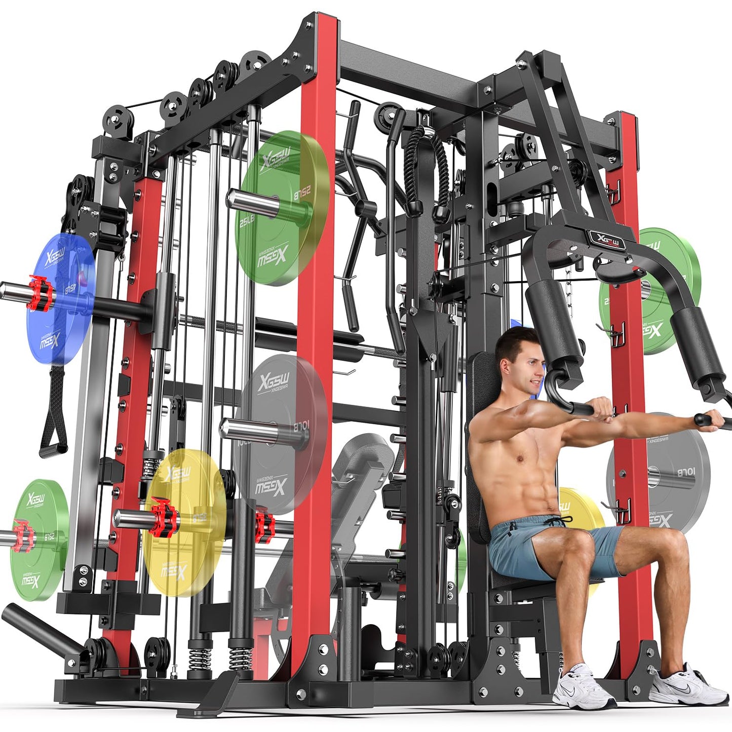 Smith Machine with Cable Crossover System, Multi-Function Squat Rack Power Cage for Home Gym, Power Rack and Packages (Red, L07-Smith Machine)