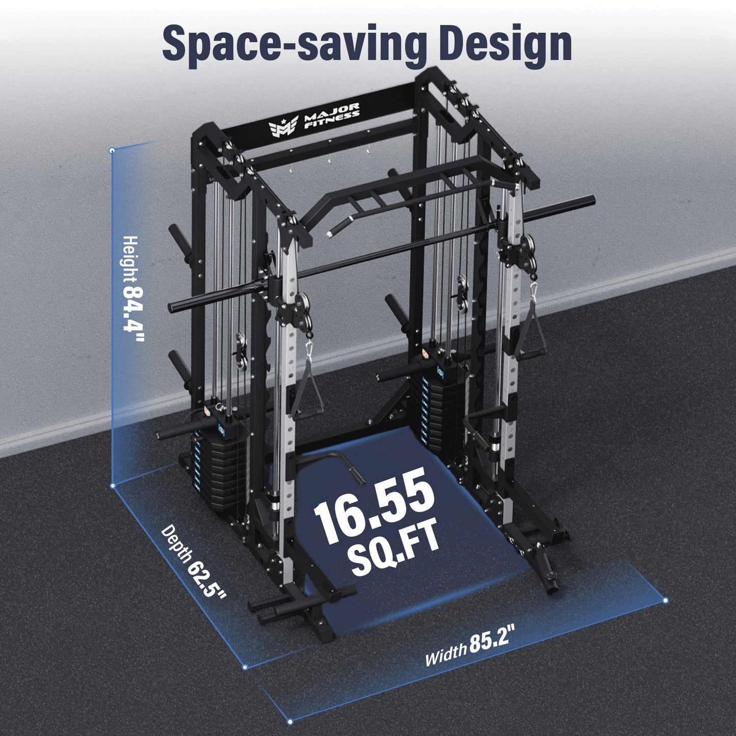 Major Fitness Smith△ Machine Drone2 Premium, All-in-One Home Gym Squat Rack with Aluminum Pulley Set , Weight Bar, Dual LAT Pull-Down Systems (BK D2AW+BK Bench+ BK 230LB)