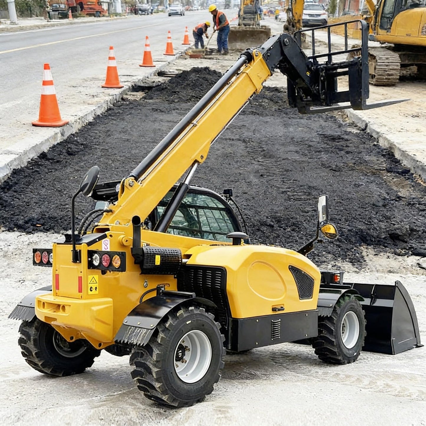 Telescopic Boom Forklift with Quick-Swap Implements for Sand Loading, Bale Moving, and Elevated Hoisting Tasks