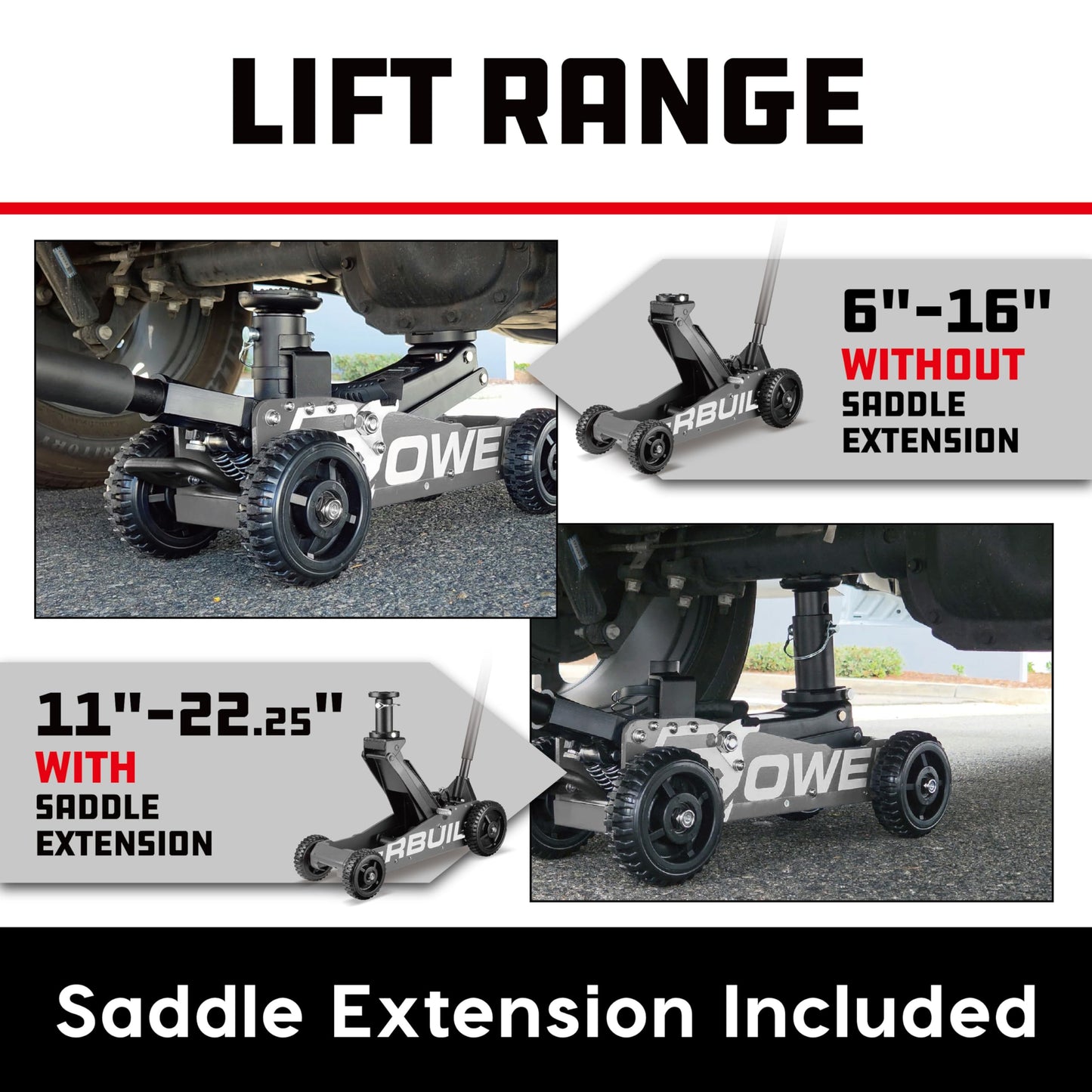 Powerbuilt 2.5 Ton Big Wheel Off Road Jack, Vehicle Lift for Trucks, SUVs, ATVs Offroad Vehicles, Oversized Wheels for Rugged Terrain, 5000 LB Capacity, Grey 620623ECE