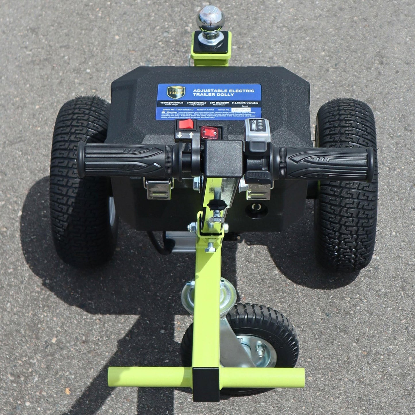 Tow Tuff Electric Trailer Dolly w/ 13" Tires & 8" Swivel Caster Wheel, 3500 lb Capacity, Green - 22" to 28.35" Adjustable Ball Height, 1.5 Mph Speed, Fits 2" Ball Mount, Utility, Boat or Cargo Use