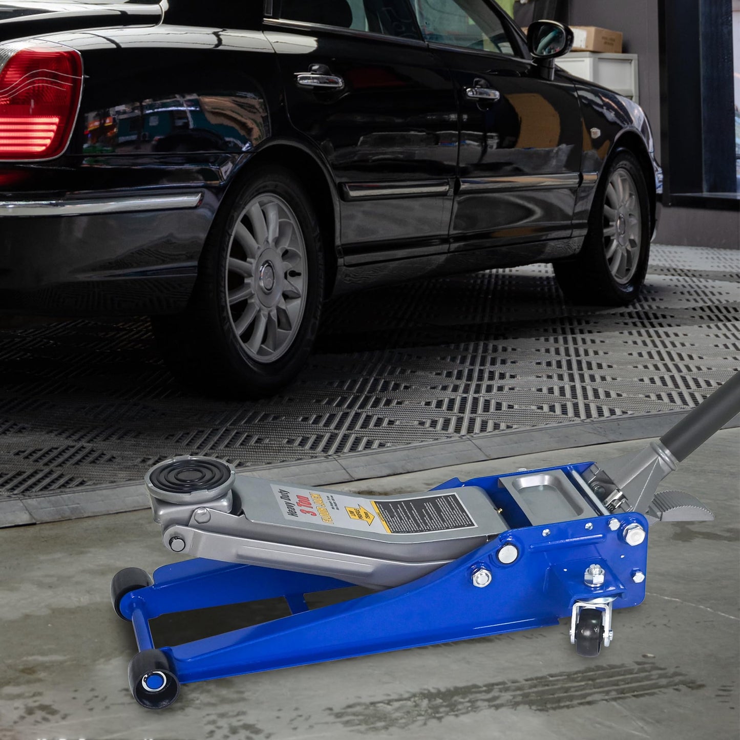 Hydraulic Floor Jack with Foot Pedal, Heavy Duty Steel Low Profile Service Jack, Dual Piston Quick Lift Pump, CE Certified, 3T w/Foot Pedal with Extra Saddle, Mainly Blue