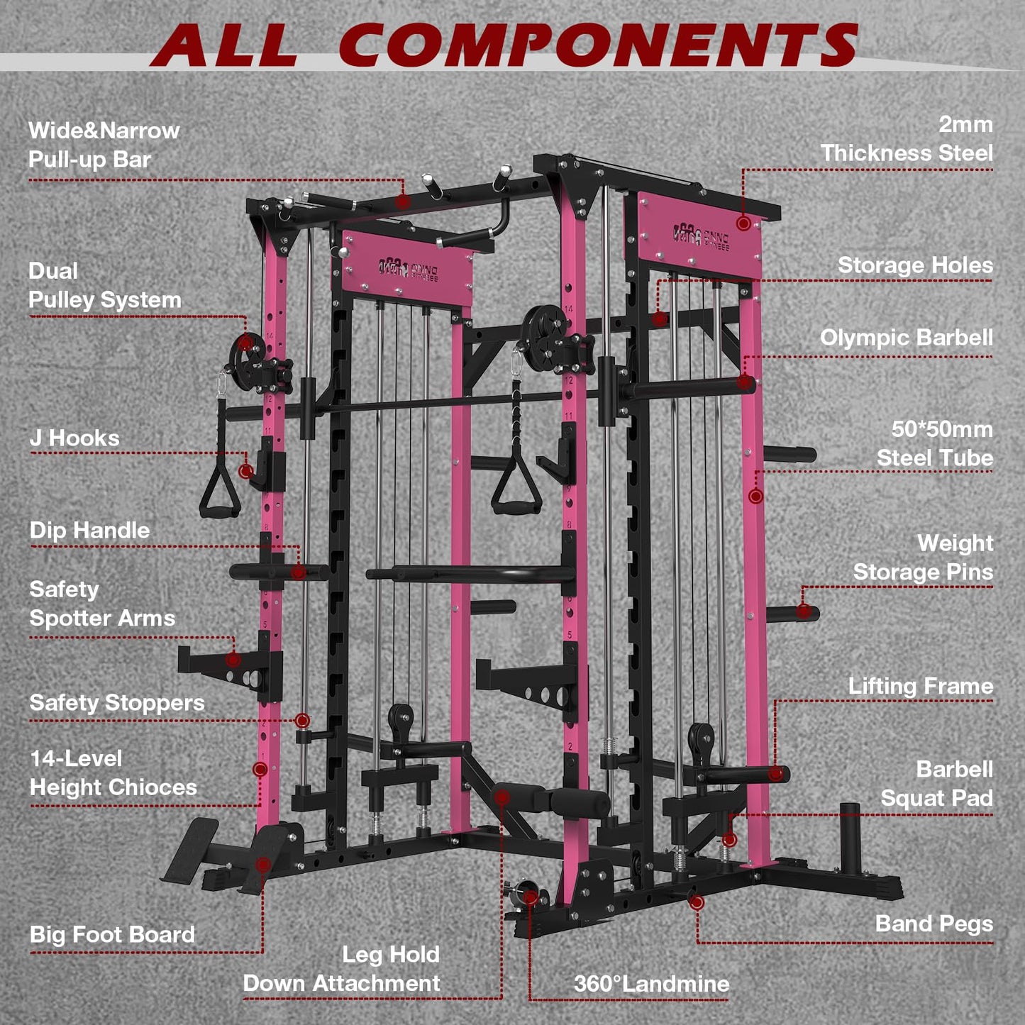 ONNO Smith Machine, 2200lbs Squat Rack with LAT-Pull Down & Cable Crossover System, Multi-Function Power Cage for Home Gym with Leg Hold-Down Attachment Pink