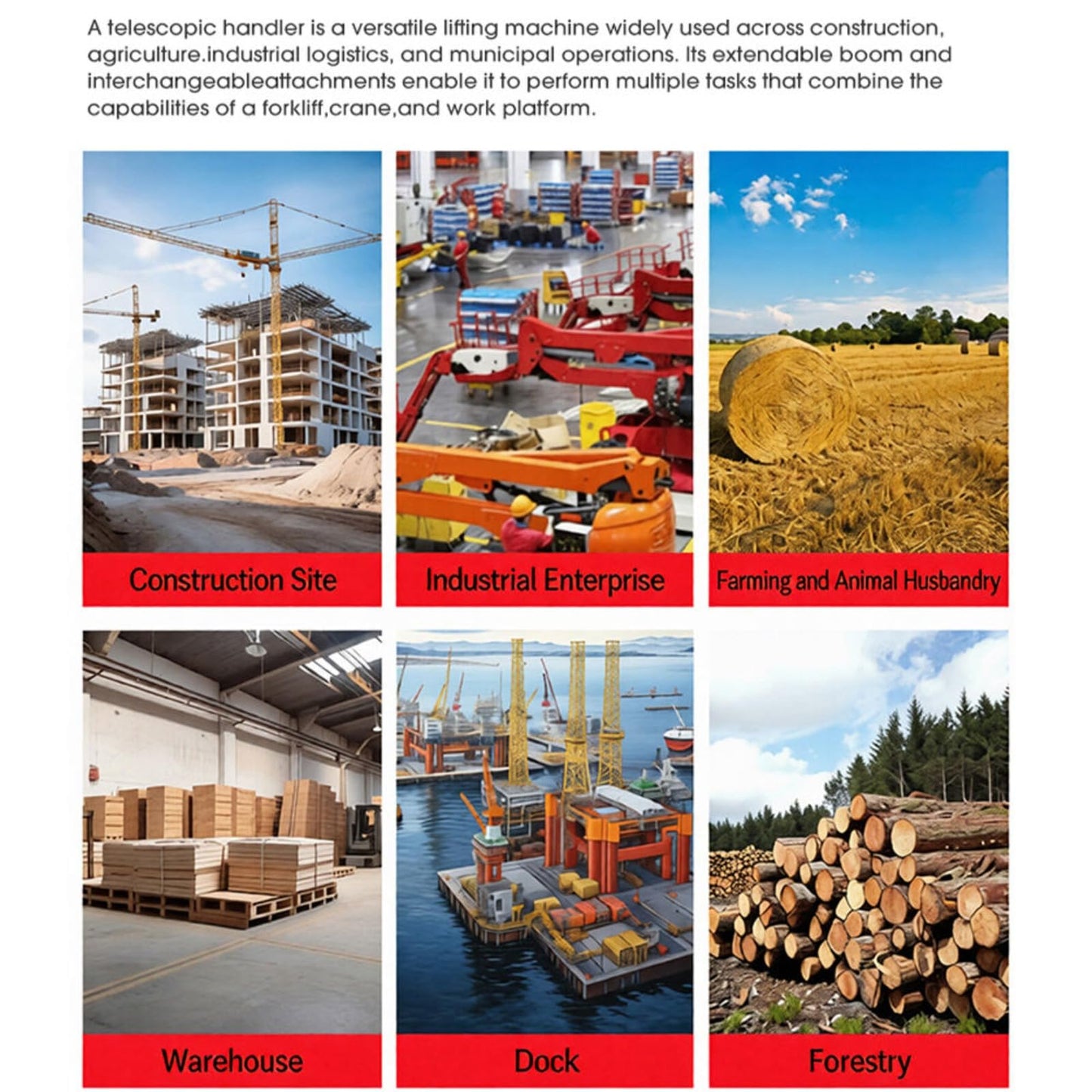 Telehandler for Rough Terrain Material Handling Compact Telescopic Boom Loader Industrial Warehouse and Farm Lifting Equipment Outdoor Construction Stacking and Loading Operations