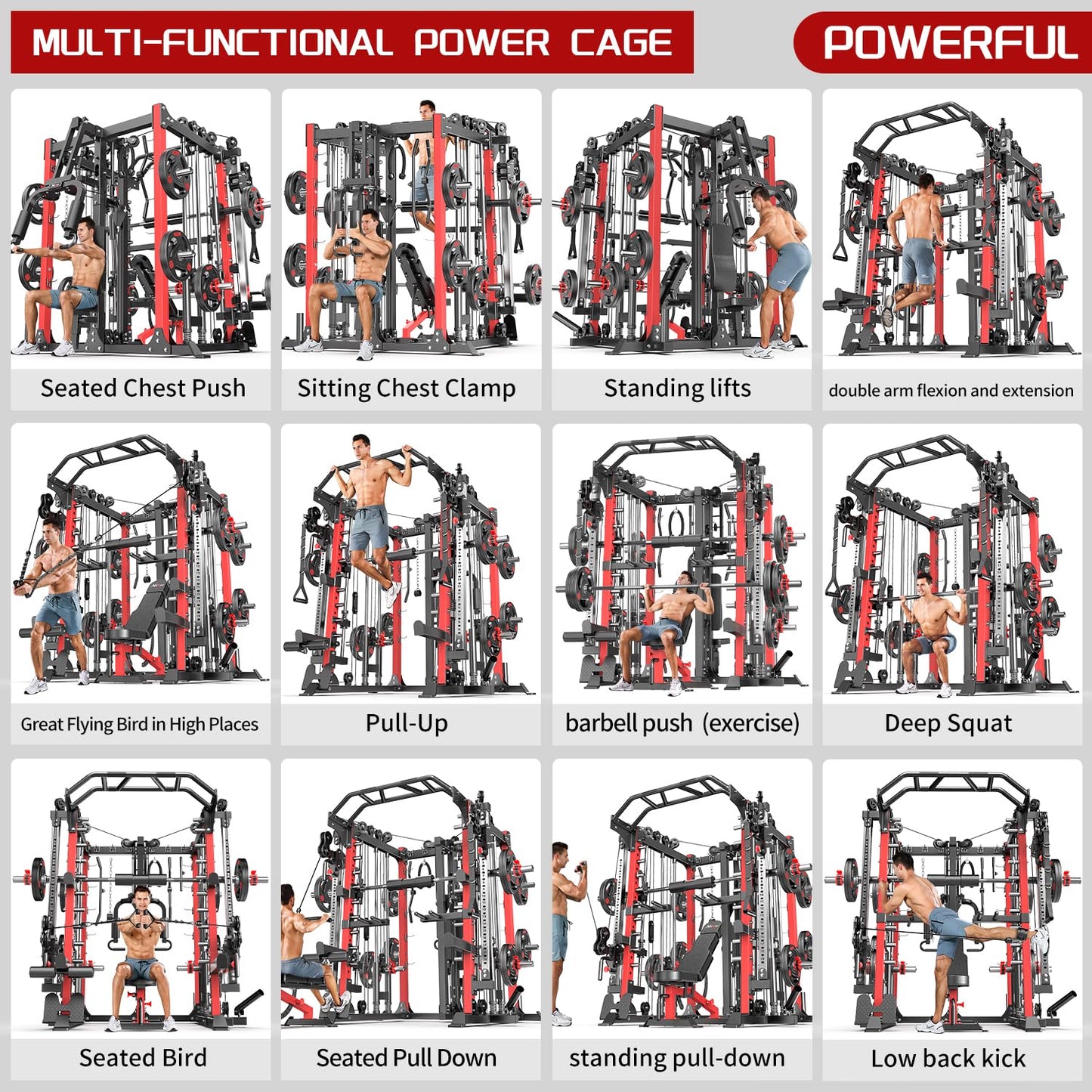 Multi-Purpose Squat Rack,Smith Machine Weight Rack Set with Cable Crossover System, Home Gym Power Racks, Power Racks and Packages (L07 two users, Power cage Red+bench+(pole+Cast lron)250LBS)