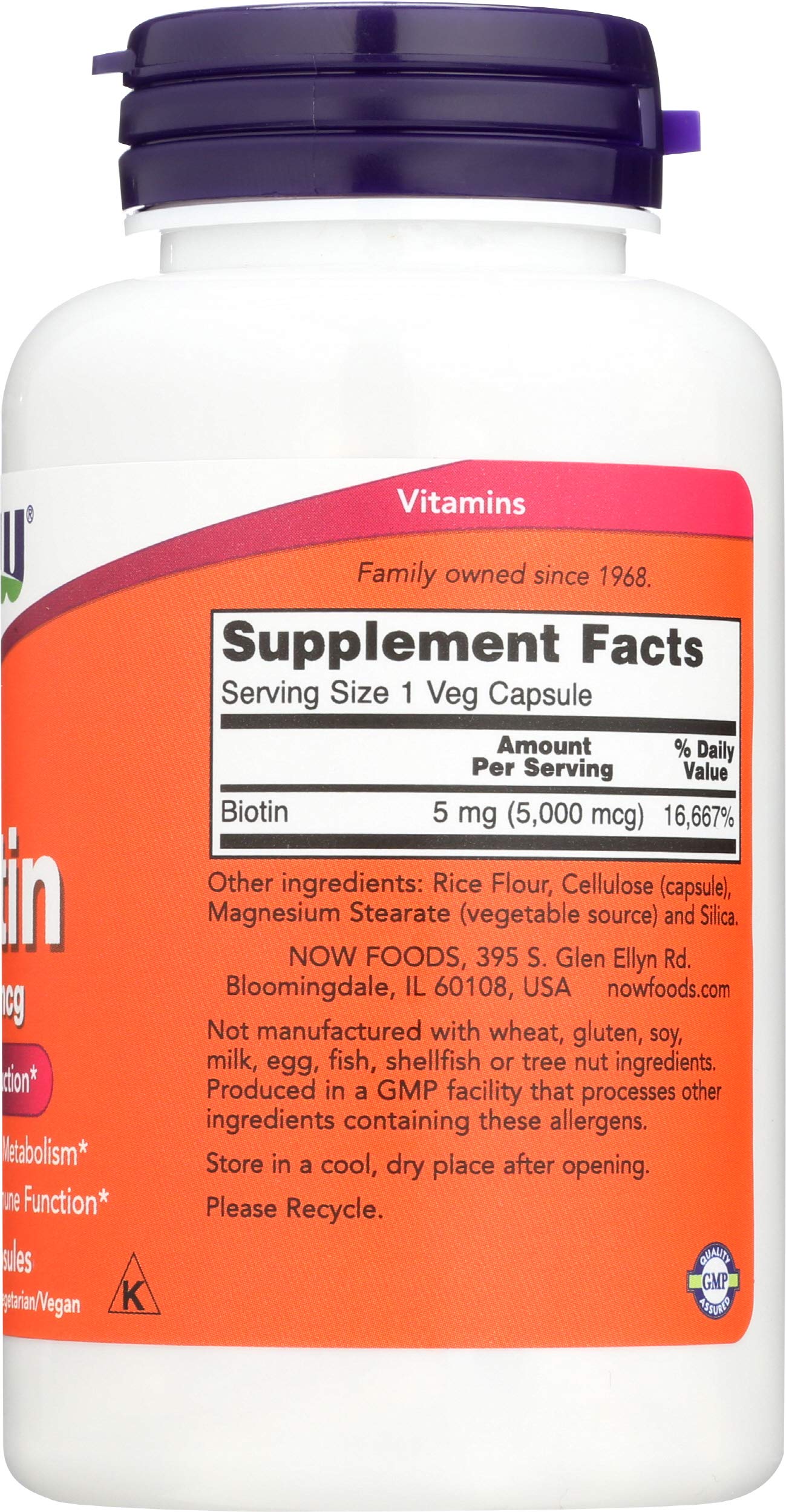 NOW Biotin 5,000 mcg - 120 VCaps (Pack of 2 Bottles)