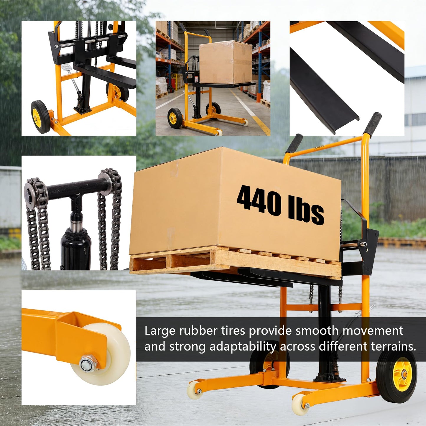 Heavy Duty Manual Pallet Stacker - 440 LB Capacity Hydraulic Lifting Equipment, 35.5" Lift Height with Adjustable Forks & 4-Wheel Mobility, Sturdy Steel Commercial Warehouse Tool, Yellow