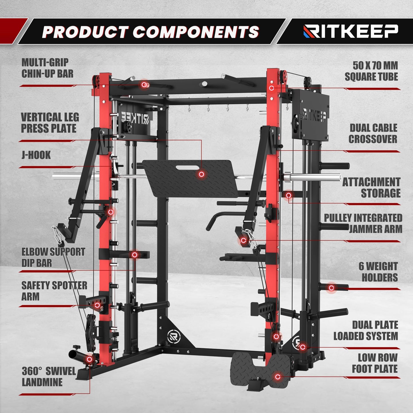 RitKeep PMAX-4750 Smith Machine with Jammer Arms and Leg Press Board, Adjustable 1:1 and 2:1 Pulley Ratios, 1800 LB Capacity,Multi-Function Commercial and Home Gym Equipment for Strength Training