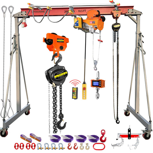 Electrical Gantry Crane 2000 LBS - 10.5 FT Wide, Adjustable Crane 1T with Electrical Hoist, Manual Hoist, Garage Crane 1T with Manual Hoist, Trolley, Scale, Sling, Shackle, Hook (10.5 FT Width)