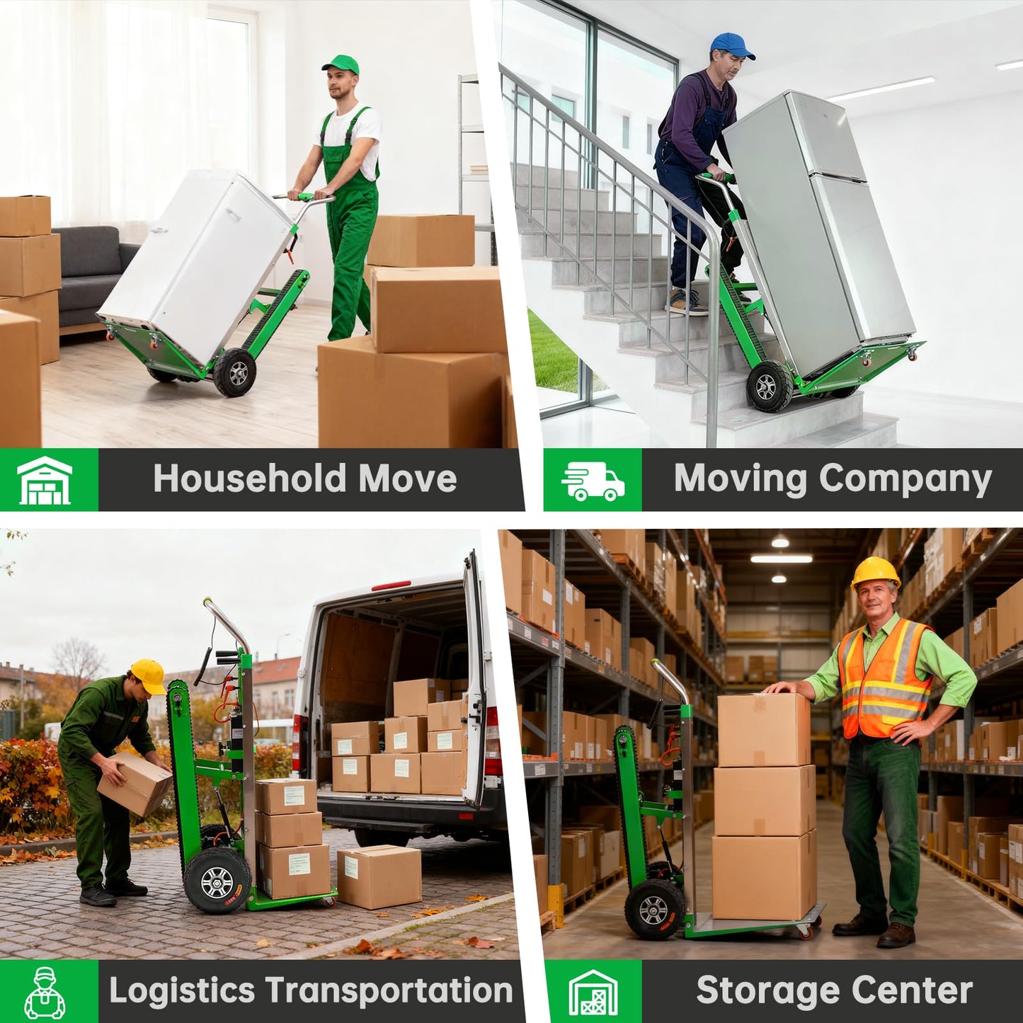Electric Stair Climbing Dolly, 1250W Electric Stair Climbing Hand Truck, 900lbs Max Load Capacity, 3 Mode Folding Stair Climber Hand Trucks with Telescopic Handle for Moving (Green+Black/Big Wheels)