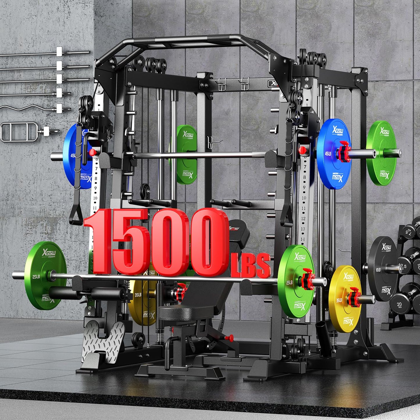 Smith Machine，Multi-Function Squat Rack Power Cage with Cable Crossover System,with Optional Weight Bench, Olympic Barbell Weight Set, for Home Gym (Black, L05-Package(（Pole+Color BP） 403LBS)