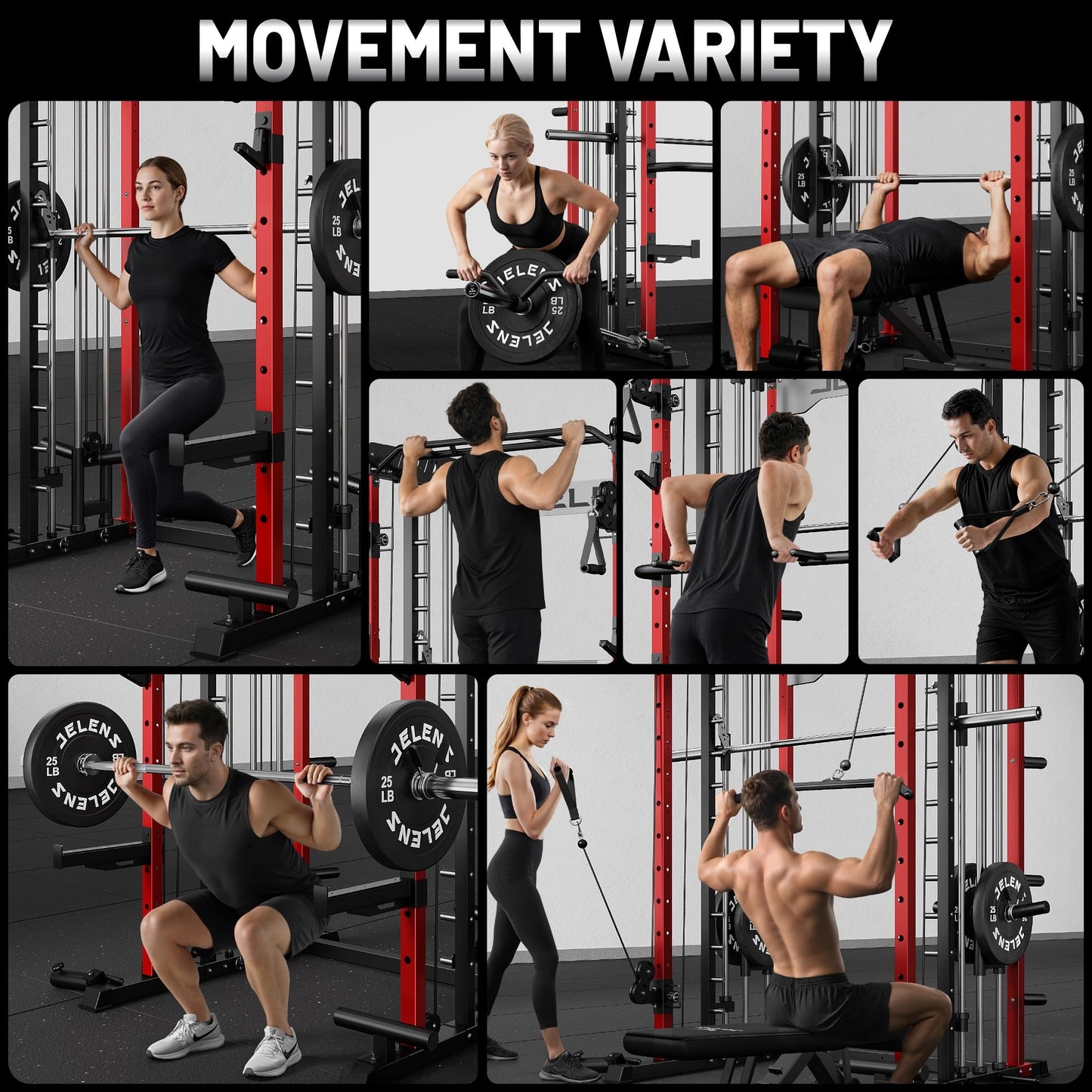 JELENS Smith Machine for Home Gym, Multi-Function M12 Power Cage with Cable Crossover System, Squat Rack with Smith Bar and More Attachment (Red, 370LB Black Weights Package)