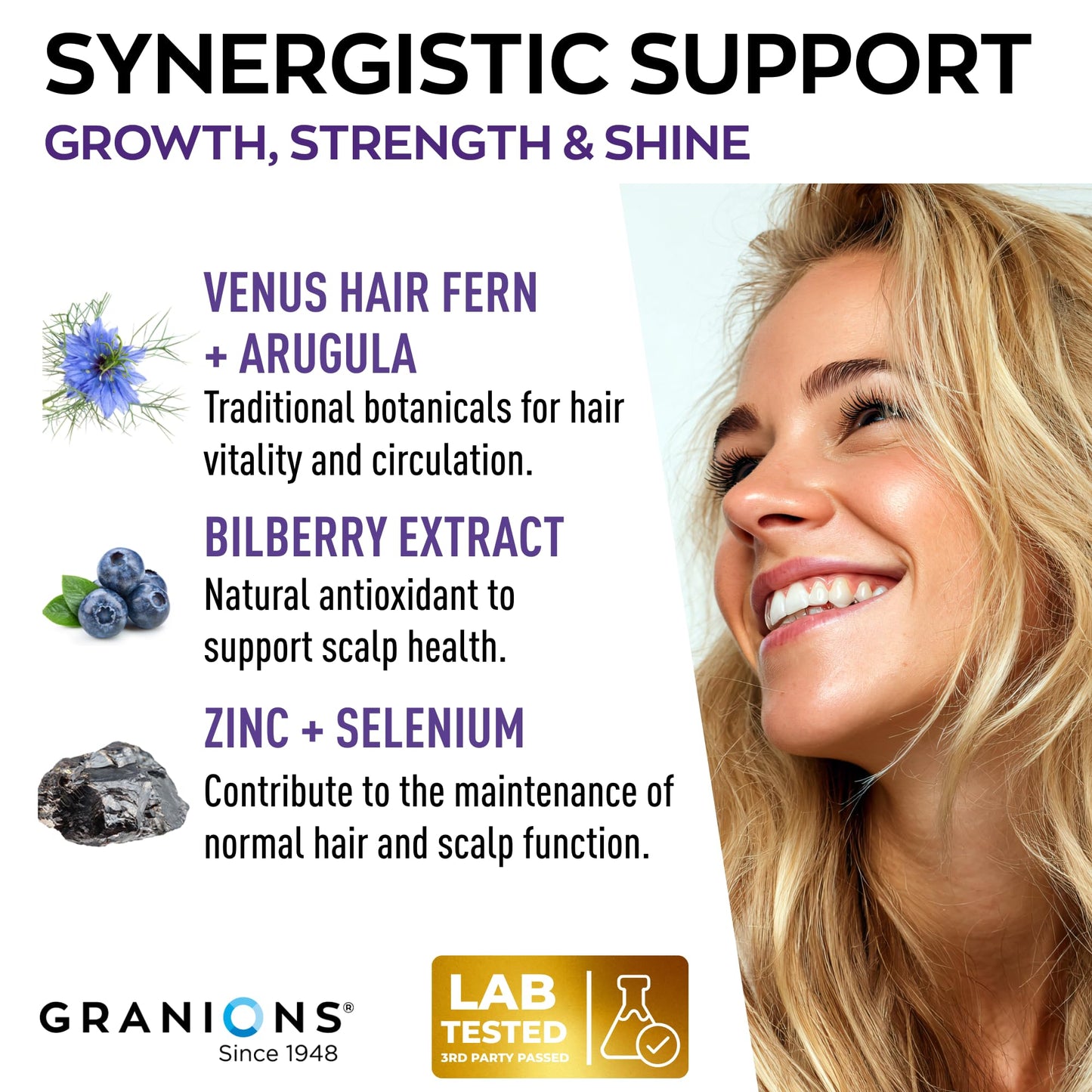 Granions Hair Growth Supplements - Biotin, Keratin & Amino Acids, Zinc & Selenium Pills for Women and Men - B-Vitamins Complex Hair Vitamins for Strength, Shine & Less Shedding - 90 Tablets