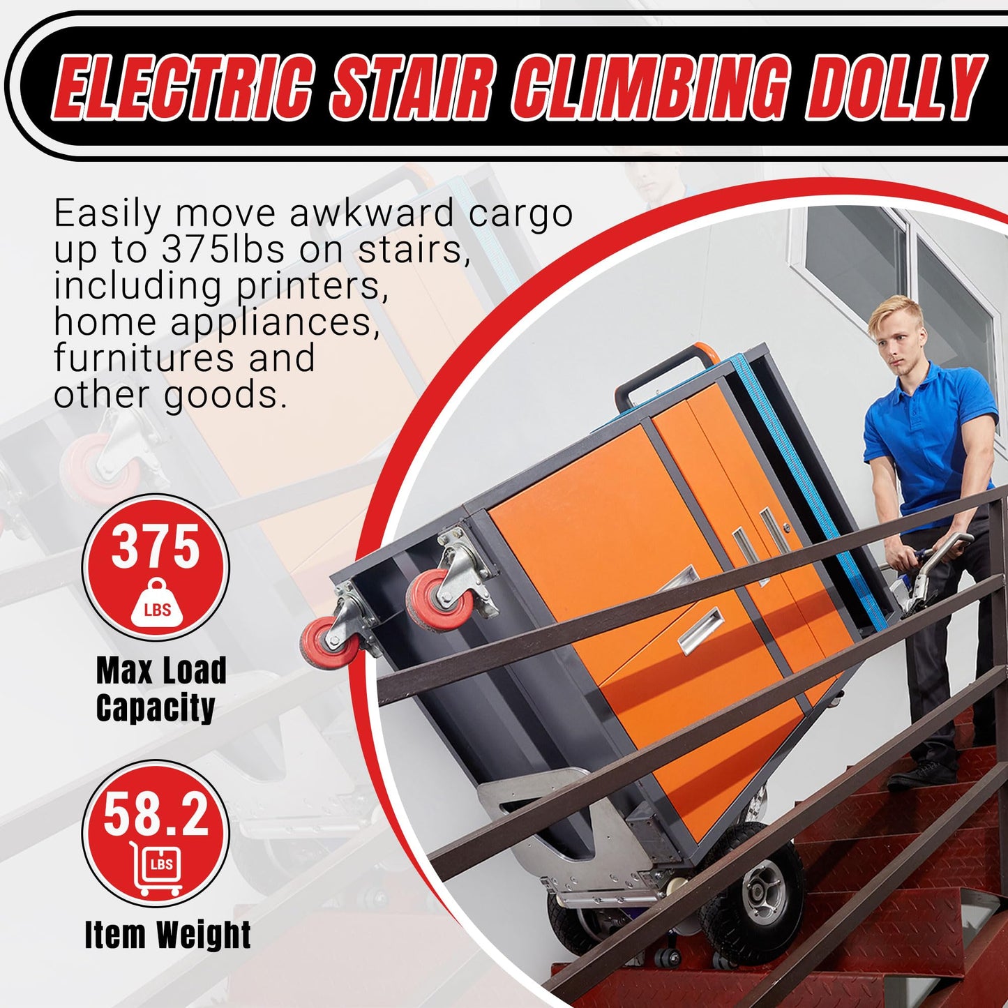 XSTO ZW7170GFC Folding Stair Climbing Hand Trucks Dolly for Moving, 375lbs Load Heavy Duty, Electric Stair Climber Cart with Brakes