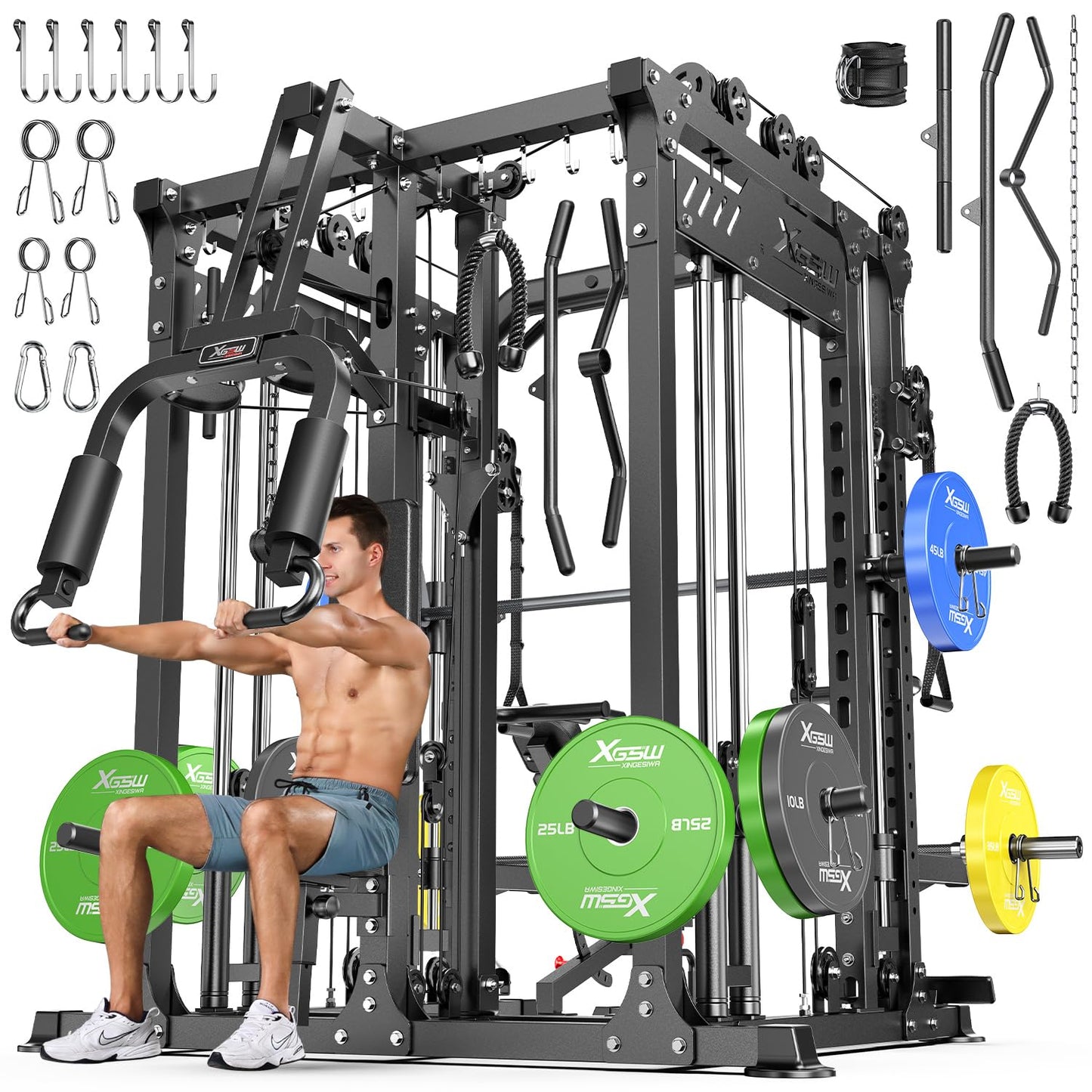 Smith Machine with Cable Crossover System, Multi-Function Power Cage Squat Rack for Home Gym, Power Rack and Packages Weight Sets. (Black, L06-Smith Machine+Bench+(Pole+Color BP) 398LBS)
