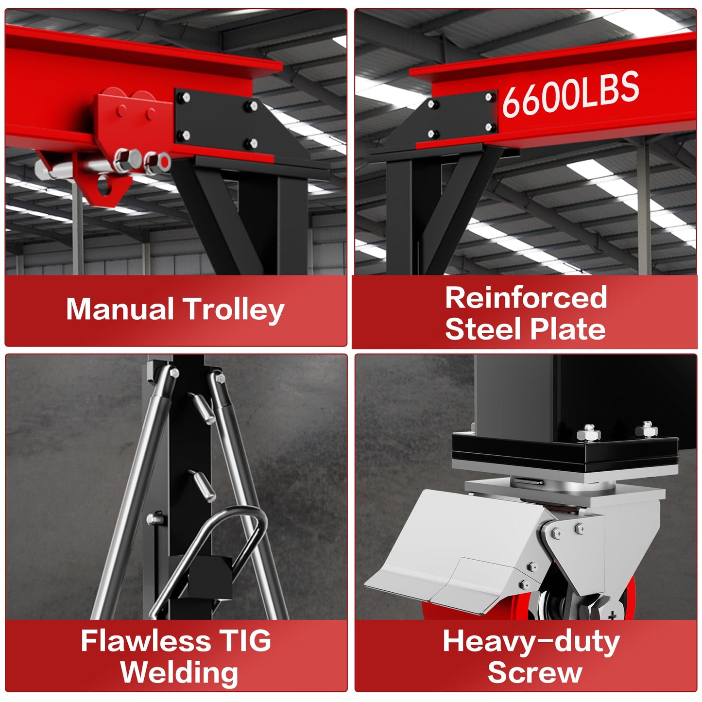 3 Ton Gantry Crane, 6600LBS Capacity, Adjustable Height 8.53 to 12.47ft with Triangle Base, Portable I-Beam Hoist for Factory, Warehouse, Auto Repair & Construction, Red