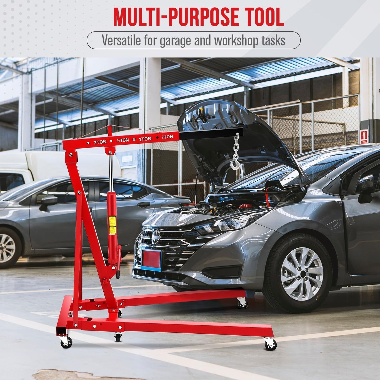 Hydraulic Engine Hoist, 2-Ton Folding Portable Shop Crane Lift, 4400 Lbs Capacity with Telescopic Boom and 6 Casters, Foldable Mobile Cherry Picker for Garage Workshop Warehouse, Red, Heavy-Duty