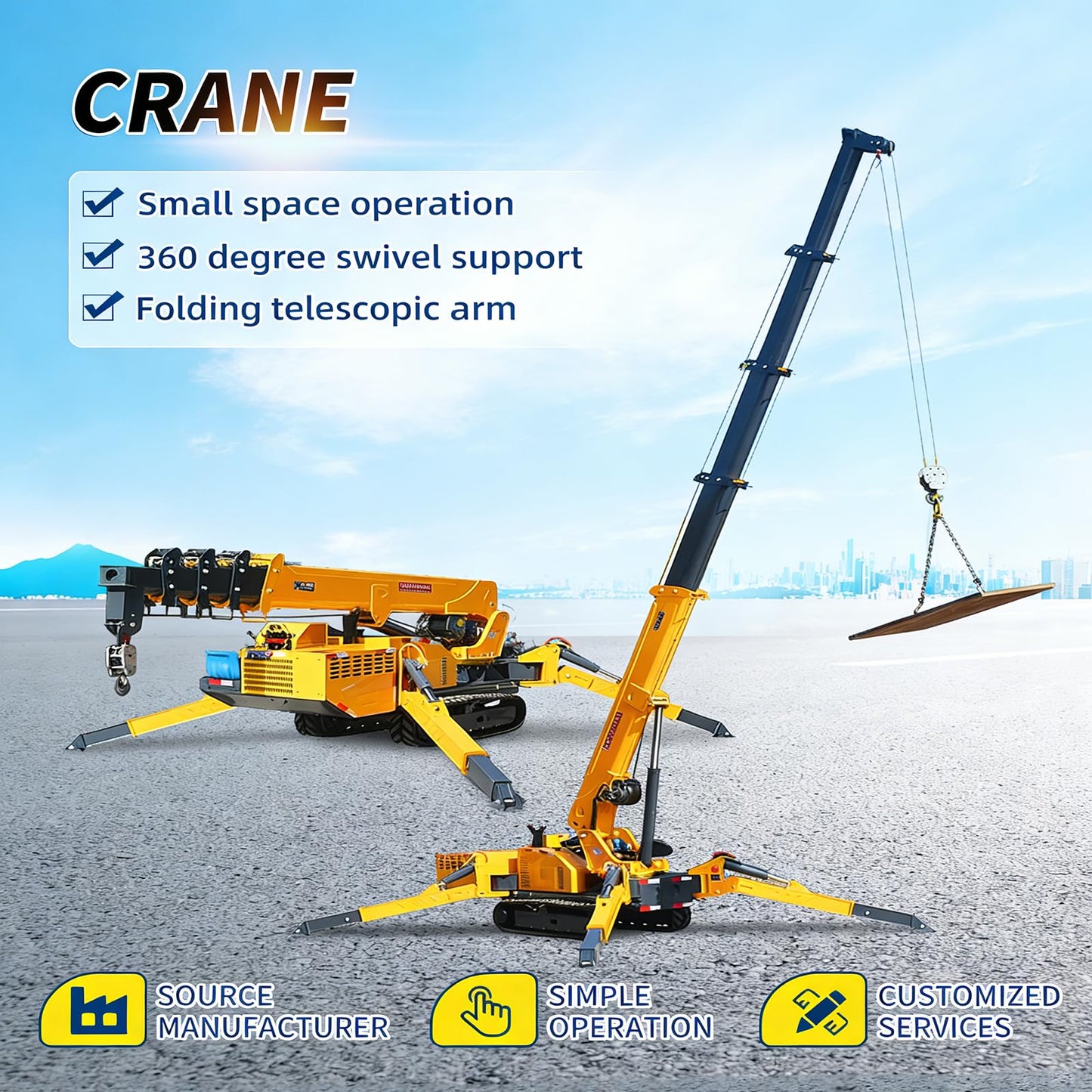 5 Ton Hydraulic Crawler Crane Telescopic Boom Tracked Chassis Outriggers Rotating Hoisting Equipment Remote-Controlled Heavy Duty Mobile Portable Items Handler Options with Lift Basket Glass Grapple