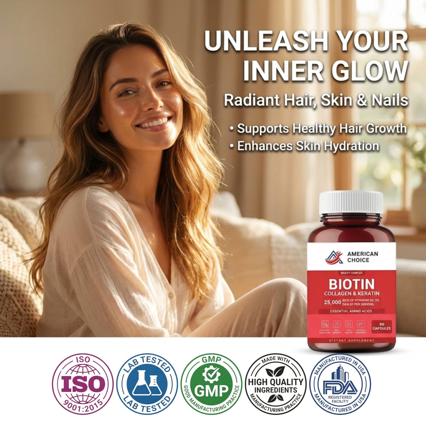 Biotin, Collagen, Keratin, Hair Vitamins Women and Men, Biotin for Hair Growth Women, Skin and Nails Supplement 25,000 mcg with B Vitamins, Amino Acids and Minerals, Skin and Nail Health, 90 Capsules