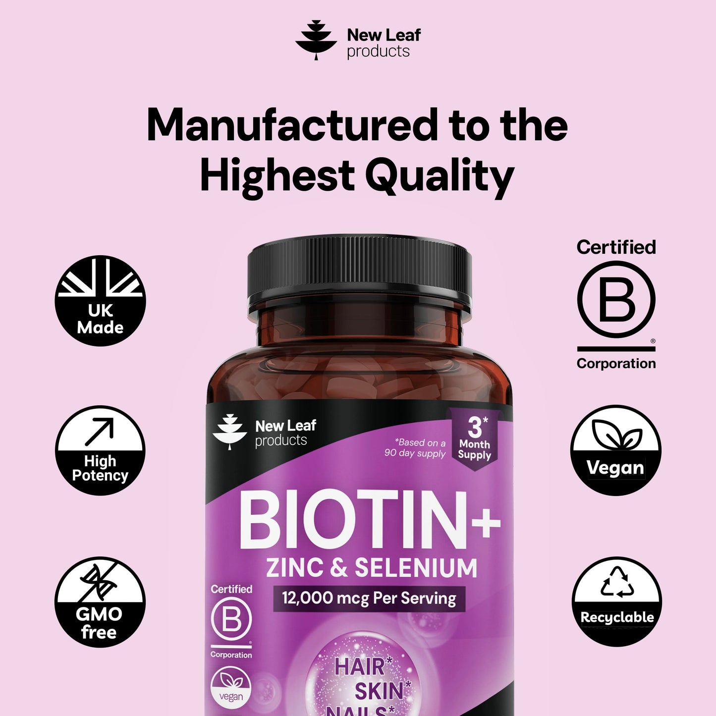 Biotin Hair Skin and Nails Vitamins 12000mcg High Strength - Promotes Healthy Hair Skin & Nails - Biotin Vitamins for Women & Men Vegan, 3 Month Supply, 180 Tablets - Made in The UK by New Leaf