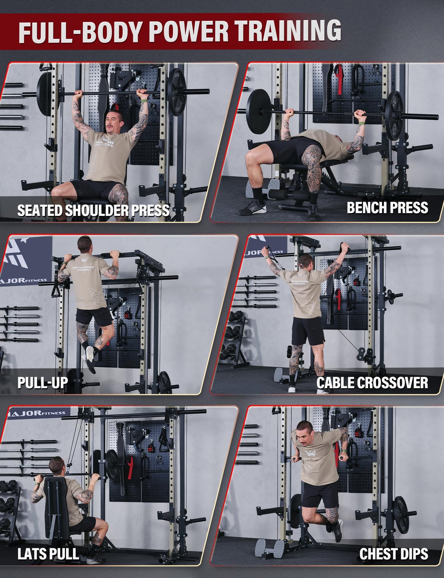 Major Fitness Drone3 Smith Machine, All-in-One Home Gym Squat Rack with Cable Crossover & Pull-Up Station, Heavy-Duty Strength Training (D3SMS-KHA (with Bench Elite BLK & 230LB BLK BP)