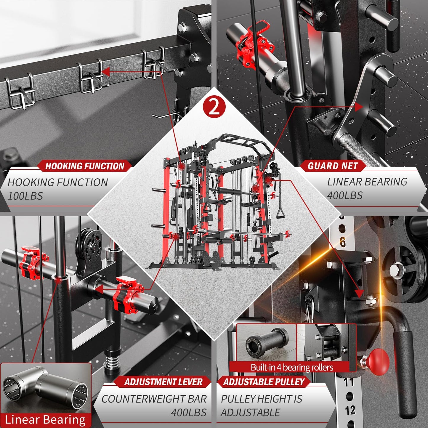 Smith Machine，Multi-Function Squat Rack Power Cage with Cable Crossover System,with Optional Weight Bench, Olympic Barbell Weight Set, for Home Gym (red, L07-Power Cage Only)