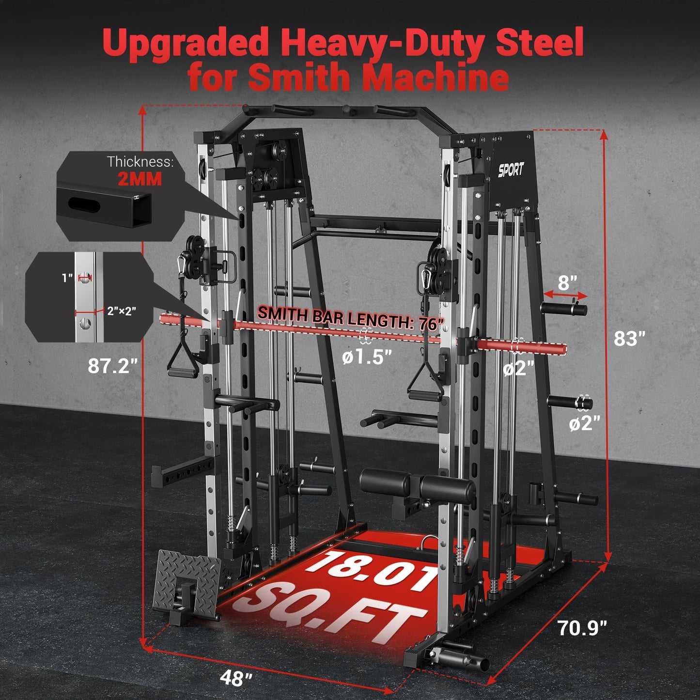 Smith Machine for Home Gym, Multifunctional Strength Training Power Cage with T Bar, LAT-Pull Down System and Cable System, 2200 Lbs Squat Rack with More Training Attachment, Black