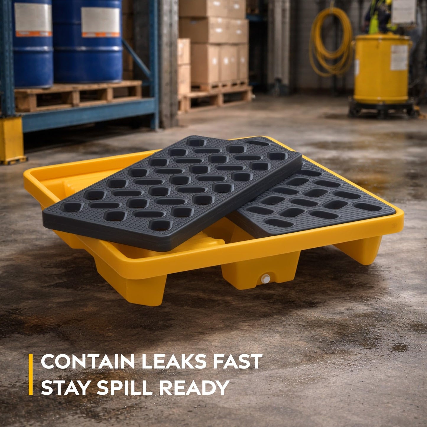 Spill Ready High Capacity 4 Drum Spill Containment Pallet - 51" x 51" x 18" - 114 Gallon Sump, (4-Pack) HDPE Drum Containment with Drain and Forklift Pockets, Yellow - Secondary Containment Pallet