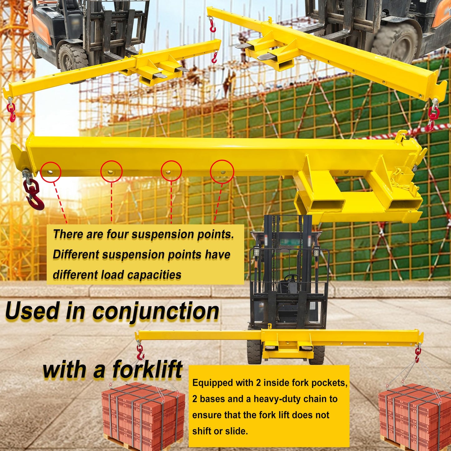 HayWHNKN 2T Forklift Jib Boom Hoist 12.1FT Bidirectional Telescopic Mobile Crane Attachment with 2 Bases, 2 Hooks, 6.3x2.56'' Socket, Lifting Towing Handling for Warehouse & Construction Material