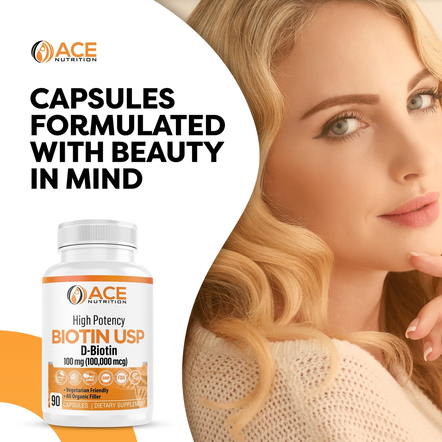 Ace Nutrition High Potency Biotin USP (D-Biotin 100,000mcg) - Superior Biotin, Organic Rice Flour, Vegetarian Capsules For Hair, Skin, & Myelin Health, Made in the USA (100mg/90 Capsules)