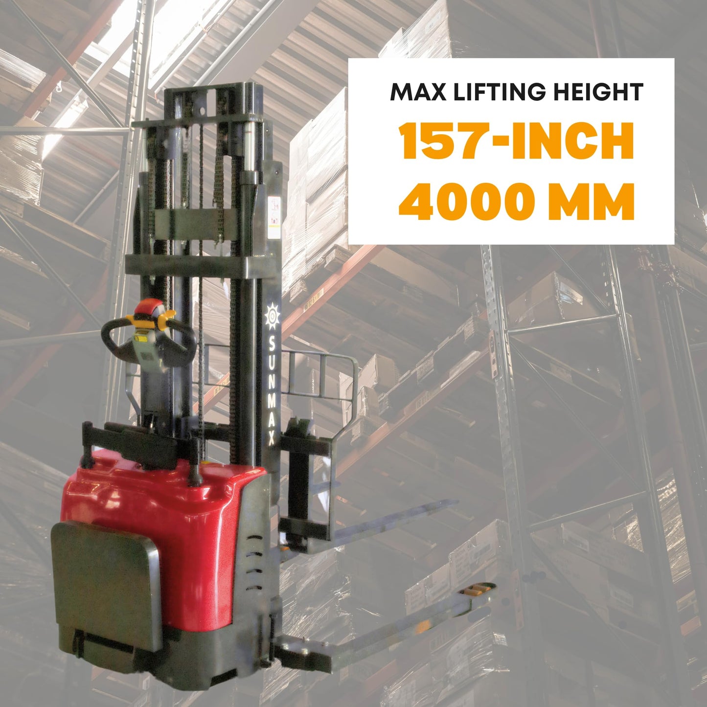 SUNMAX Electric Straddle Stacker, 3300 lbs Capacity, 157 inch Lift Height, Steel Frame, Red and Black