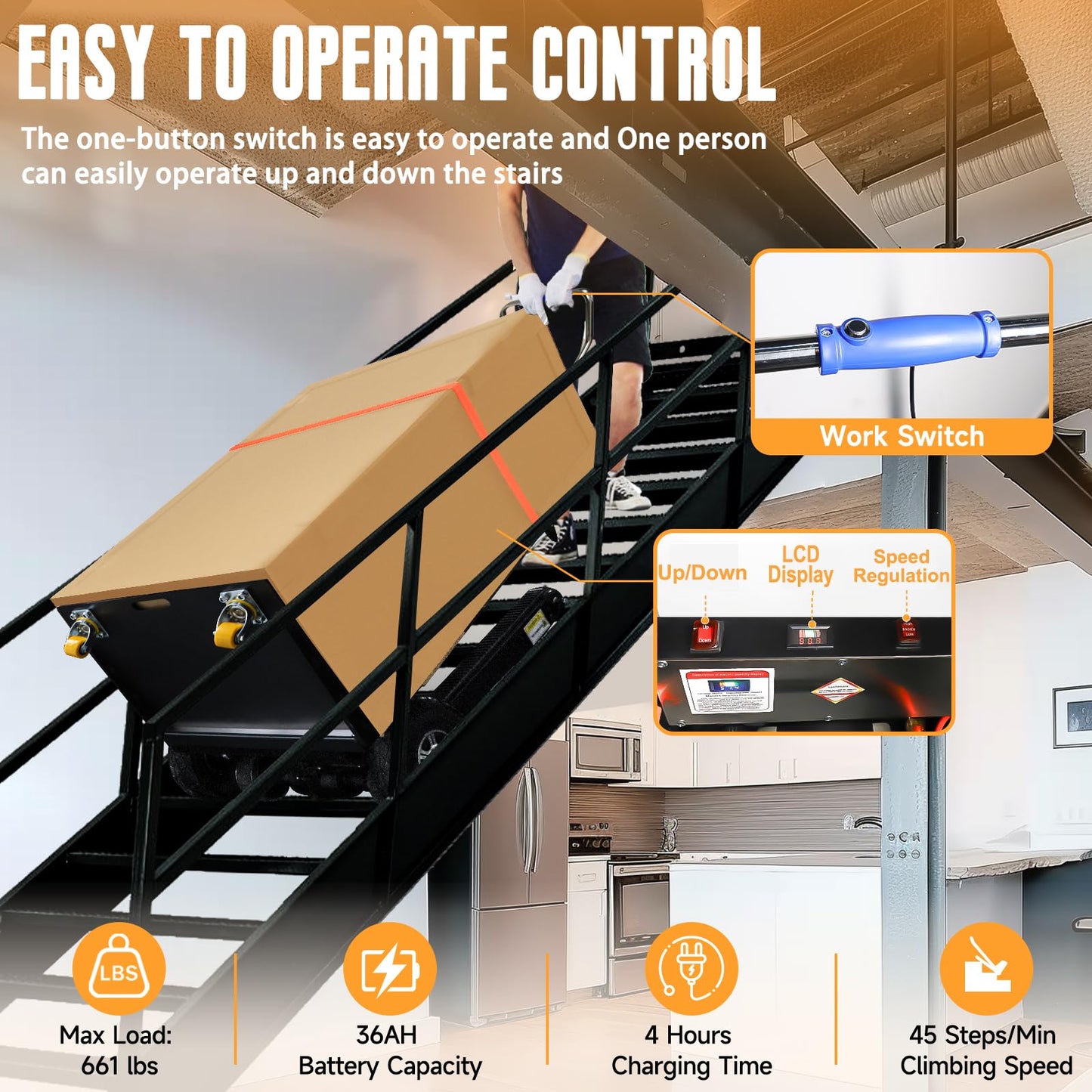 ROOMEDAL Electric Stair Climbing Hand Trucks Dolly Cart for Moving 661lb Capacity Heavy Duty Folding Stair Climber Cart Hand Trolley, Battery Powered for Furniture Family Logistics Warehouse