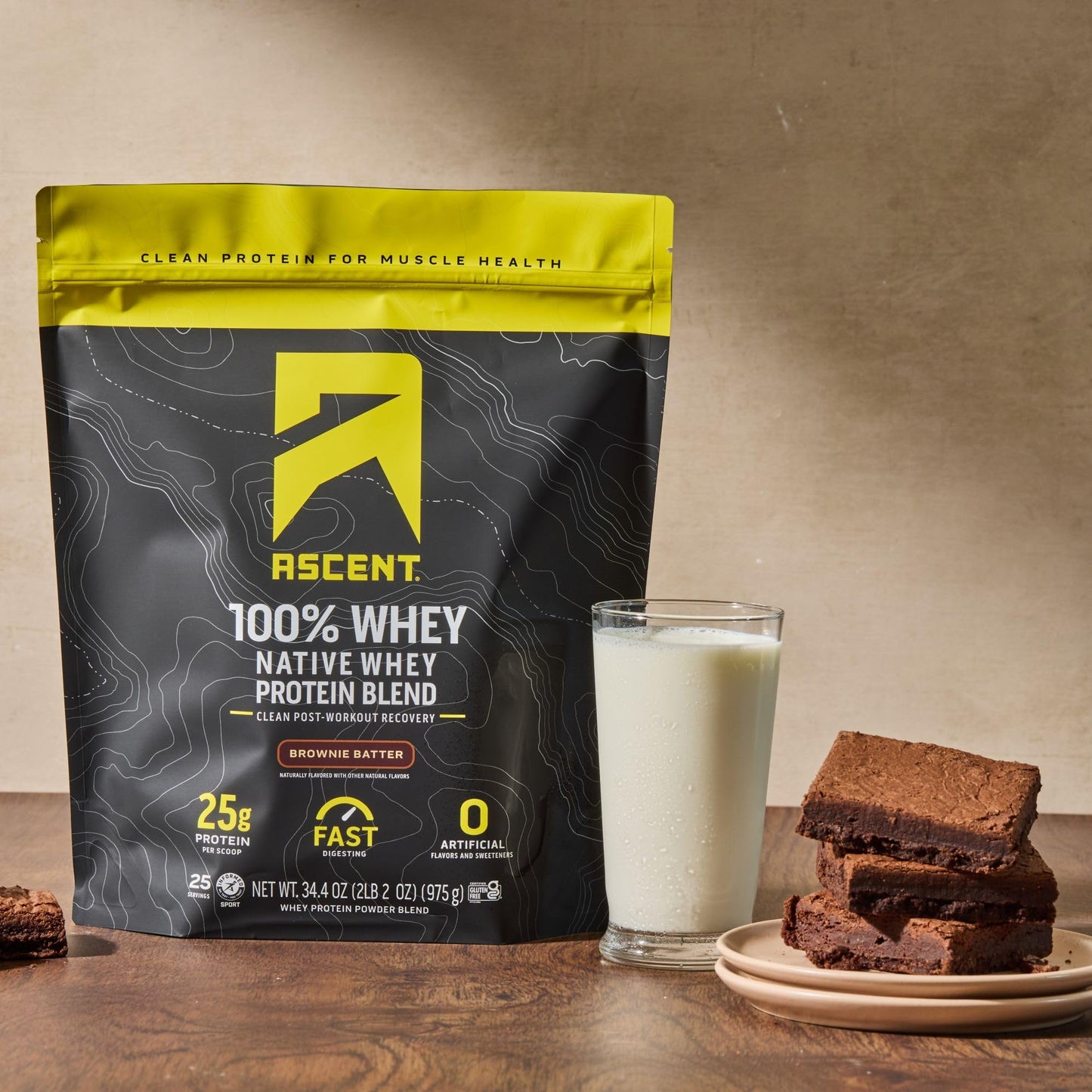 Ascent 100% Whey Protein Powder - Post Workout Whey Protein Isolate, Zero Artificial Flavors & Sweeteners, Gluten Free, 5.5g BCAA, 2.6g Leucine, Essential Amino Acids, Brownie Batter 1.7 lb