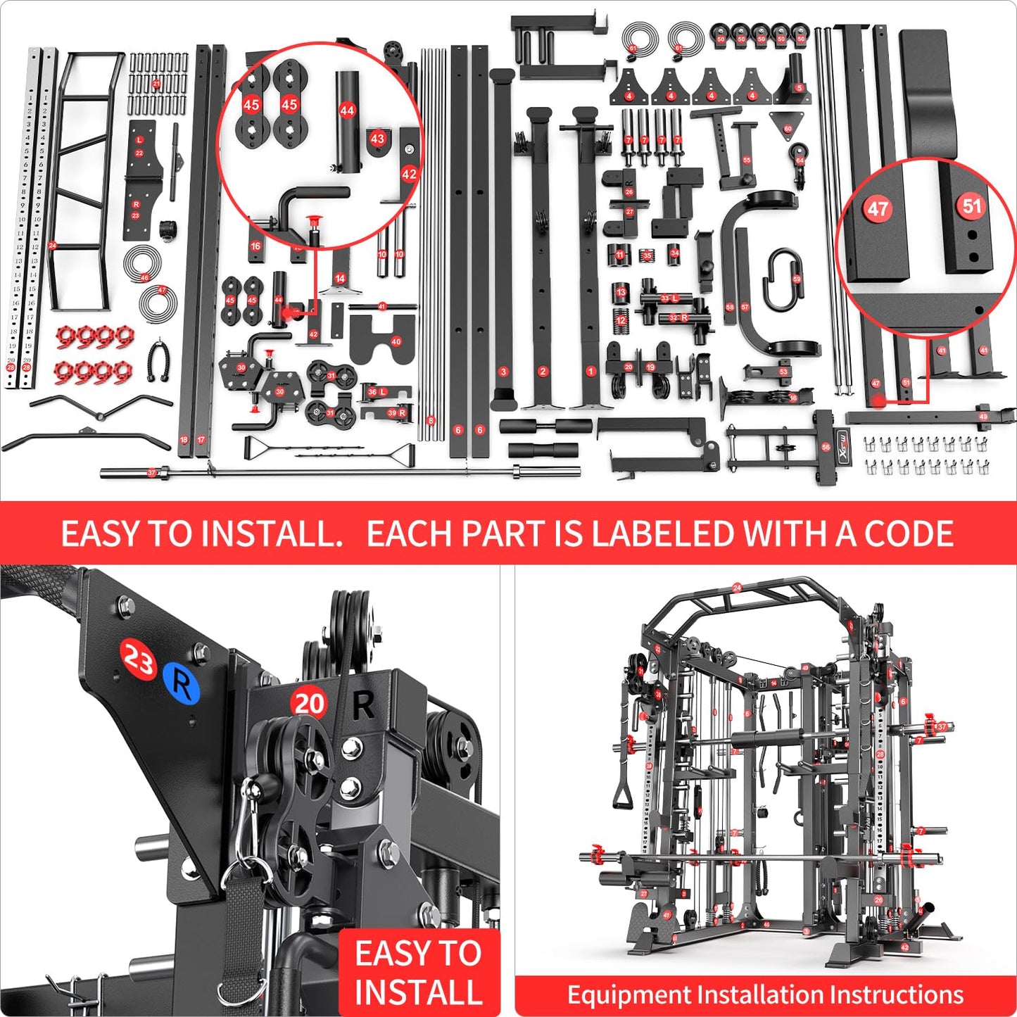 Multi-Purpose Squat Rack,Smith Machine Weight Rack Set with Cable Crossover System, Home Gym Power Racks, Power Racks and Packages (L07 two users, Power cage Black+bench+(pole+Color BP)400LBS)
