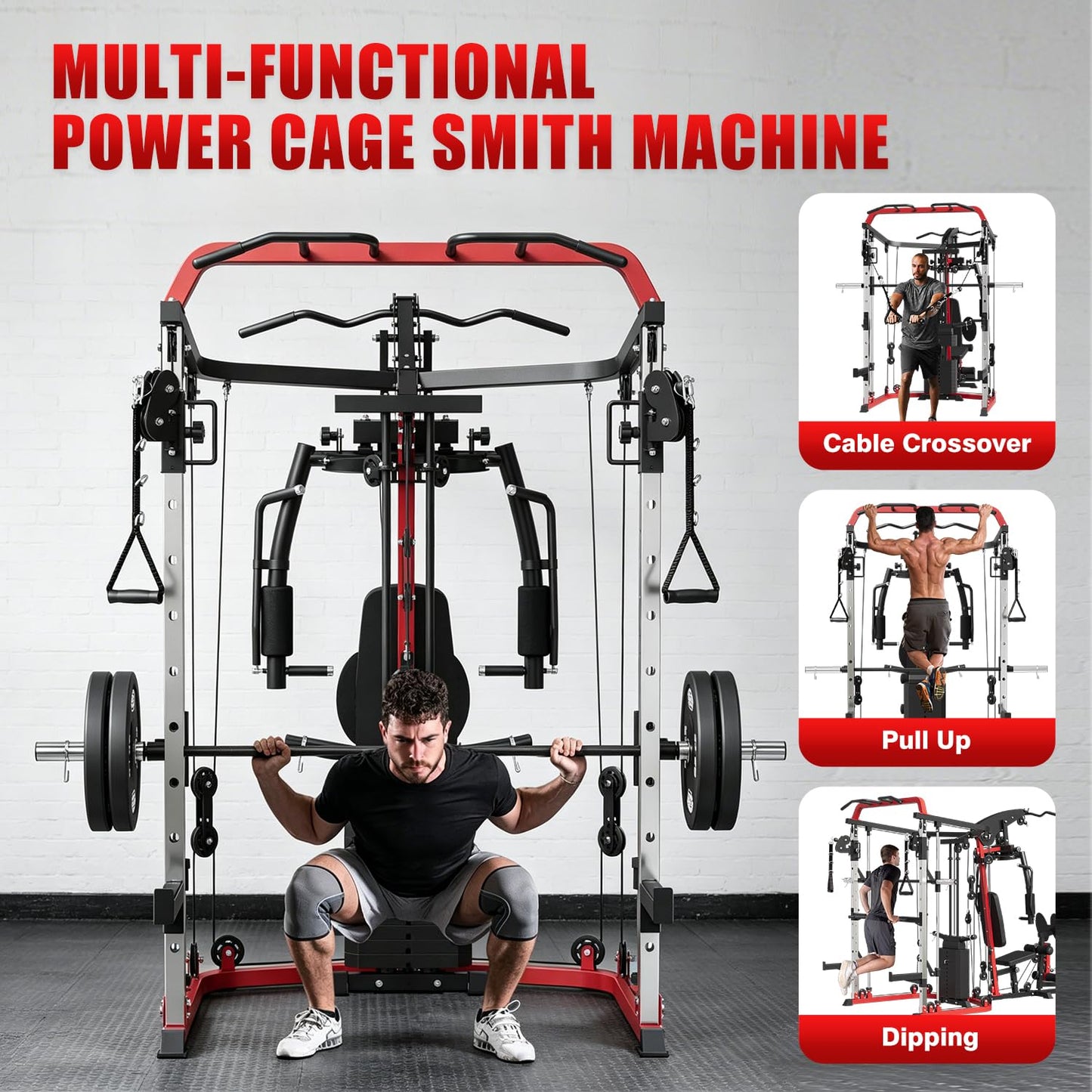 SPART All-in-One Home Gym Workout Station,Smithe Machine Home Gym Power Cage,Professional Functional Trainer for Couples & Family Strength Training,Leg Press, LAT Station for Full Body Training, Red