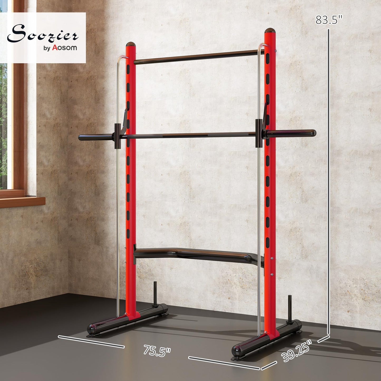 Soozier Squat Rack with Pull-Up Bar, Adjustable Power Rack with Barbell Bar, Multi-Functional Steel Bench Press Rack for Home Gym Strength Training, Black, Red