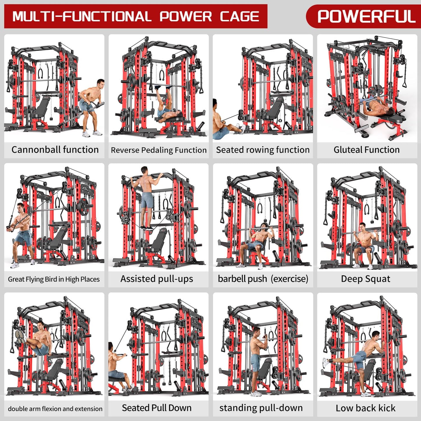 XGSW XINGESIWR Multi-Purpose Squat Rack,Smith Machine Weight Rack Set with Cable Crossover System, Home Gym Power Racks, Power Racks and Packages (L04, Power cage Red+Bench+Cast lron 220LBS)