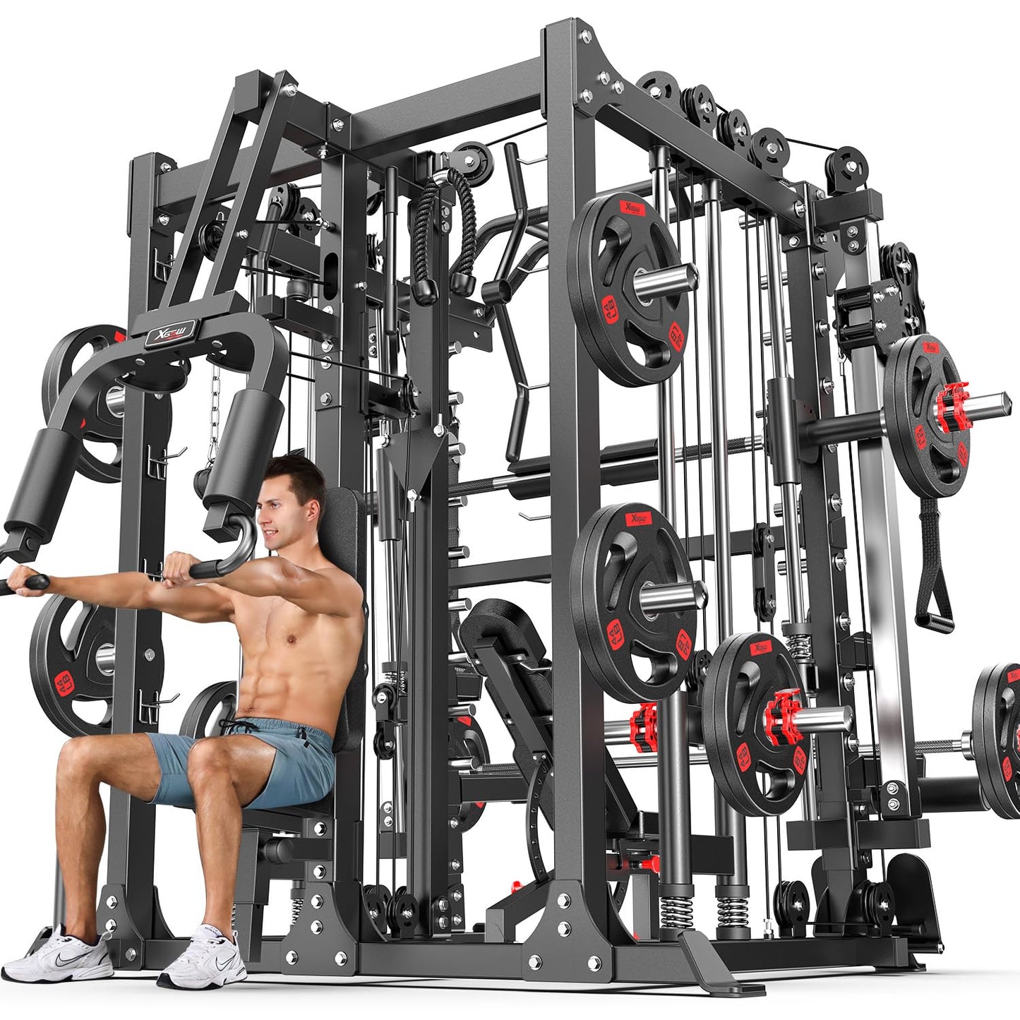 Smith Machine，Multi-Function Squat Rack Power Cage with Cable Crossover System,with Optional Weight Bench, Olympic Barbell Weight Set, for Home Gym (Black, L07-Package(（Pole+Cast Iron） 257LBS