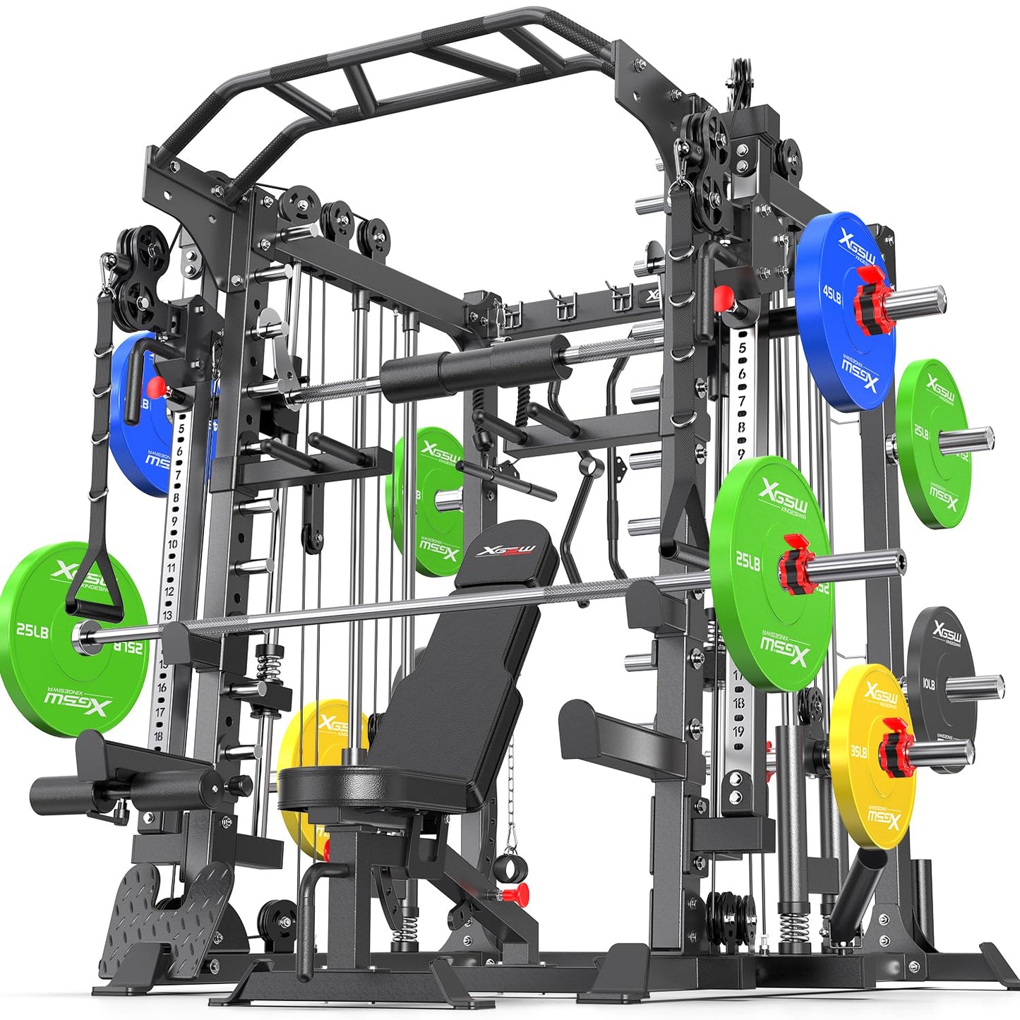 Smith Machine，Multi-Function Squat Rack Power Cage with Cable Crossover System,with Optional Weight Bench, Olympic Barbell Weight Set, for Home Gym (Black, L05-Package（Pole+Color BP） 263LBS)