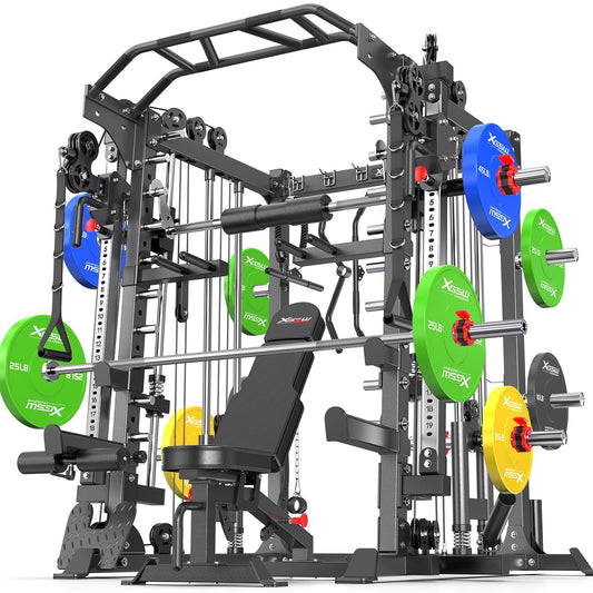 XGSW XINGESIWR Multi-Purpose Squat Rack,Smith Machine Weight Rack Set with Cable Crossover System, Home Gym Power Racks, Power Racks and Packages (L05, Power cage Black+Bench+(Pole+Color BP) 260LBS)