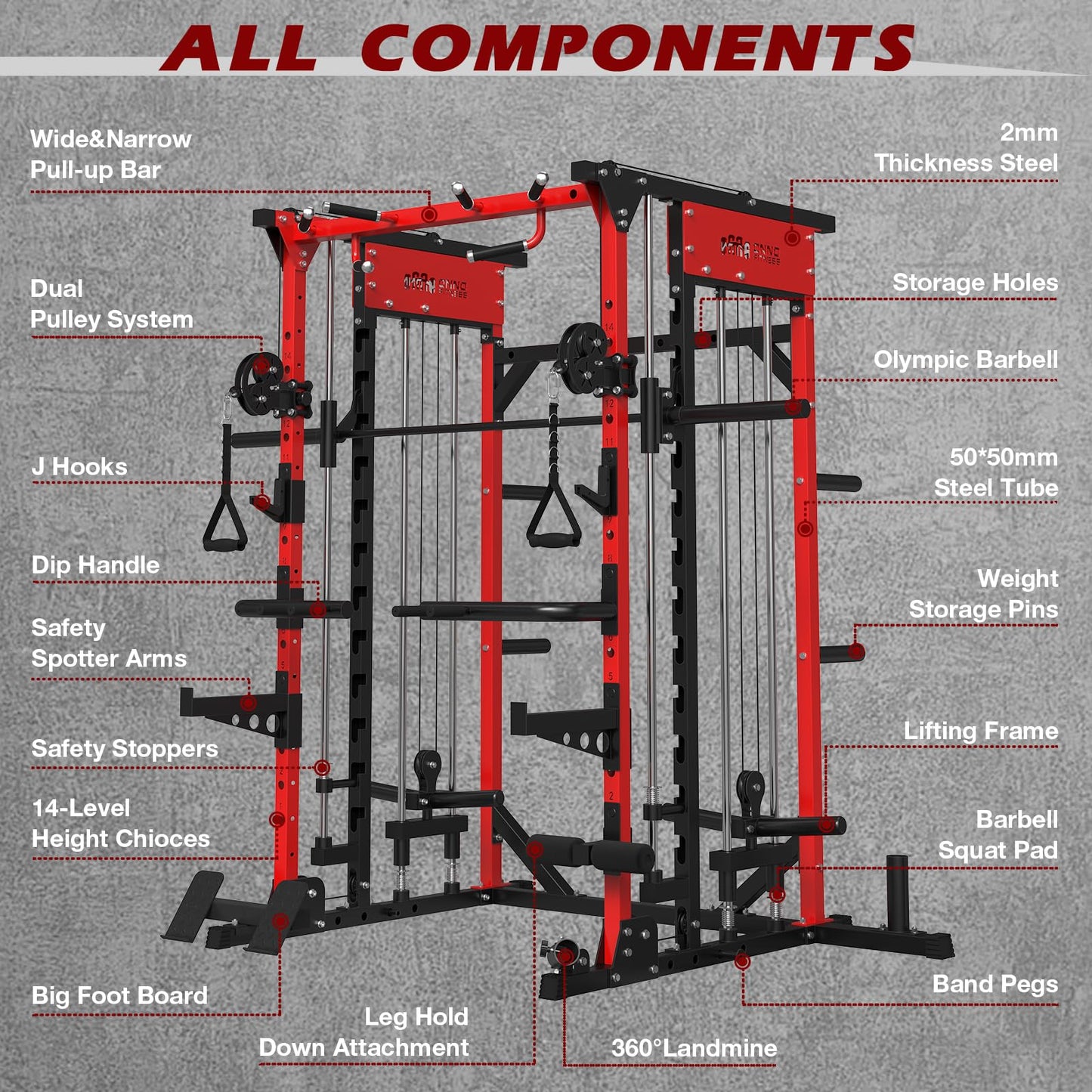 ONNO Smith Machine, 2200lbs Squat Rack with LAT-Pull Down & Cable Crossover System, Multi-Function Power Cage for Home Gym with Leg Hold-Down Attachment, Red