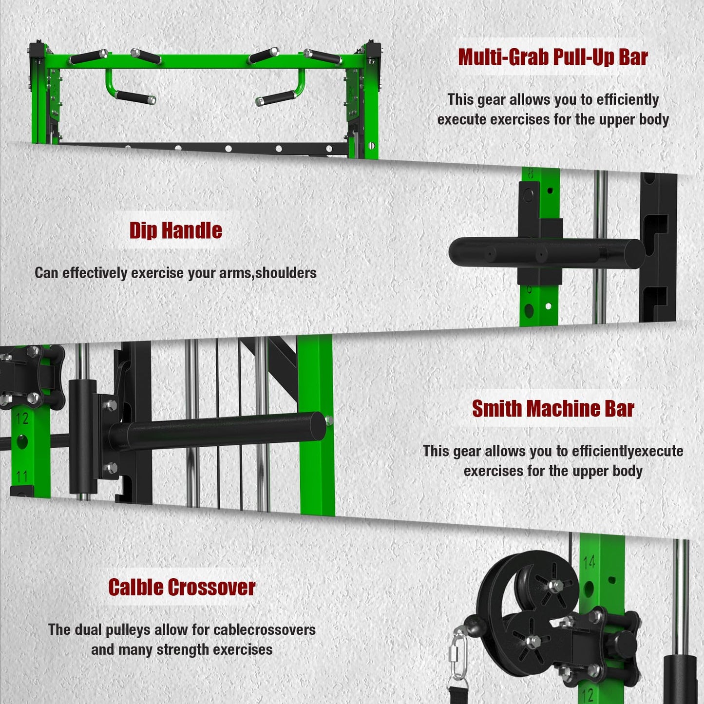 ONNO Smith Machine, 2200lbs Squat Rack with LAT-Pull Down & Cable Crossover System, Multi-Function Power Cage for Home Gym with Leg Hold-Down Attachment, Green