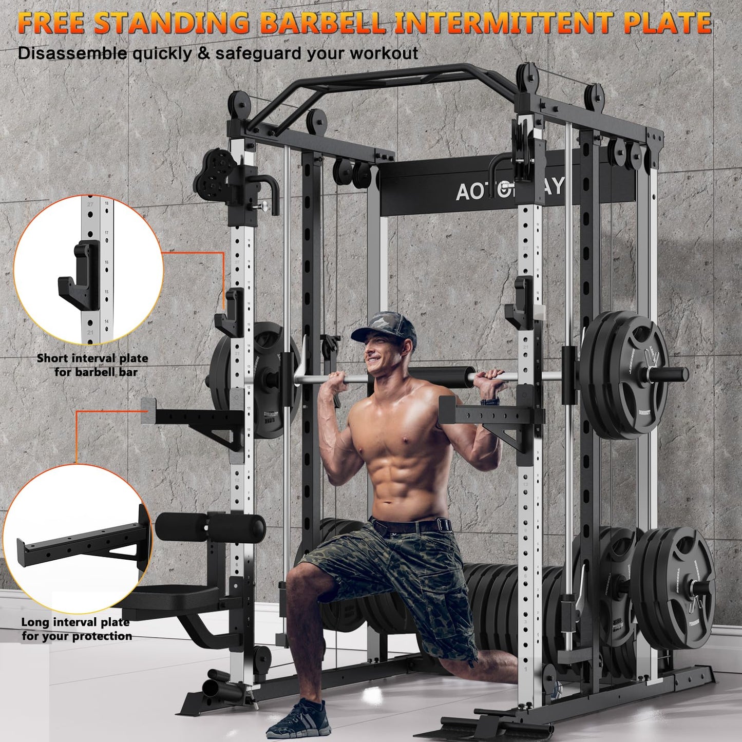 AOTORJAY Smith Machine Strength Training Squat Rack with Smith Bar, Power Cage with LAT Pull-Down Systems, Cable Crossover Machine for Home Gym and More Training Attachment (Smith Machine)