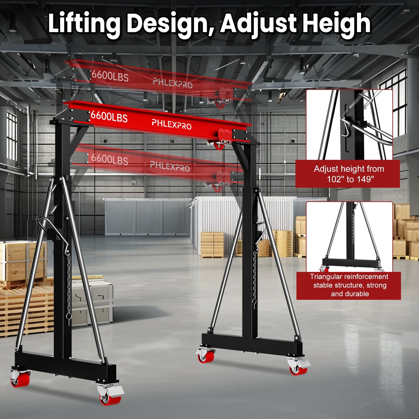 3 Ton Gantry Crane, 6600LBS Capacity, Adjustable Height 8.53 to 12.47ft with Triangle Base, Portable I-Beam Hoist for Factory, Warehouse, Auto Repair & Construction, Red