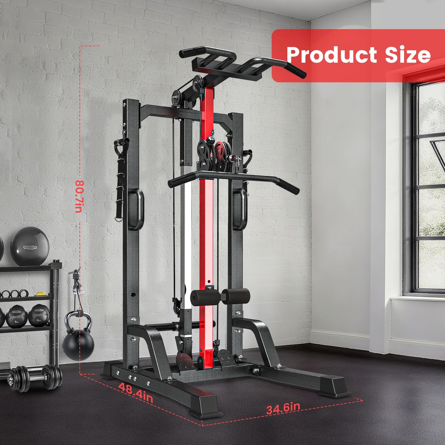 pooboo 450LBS All-in-One Home Gym Functional Trainer with LAT Pulldown System, Power Cage & Cable Crossover Machine, Squat Rack with Dual Pulley System and Dip Bars