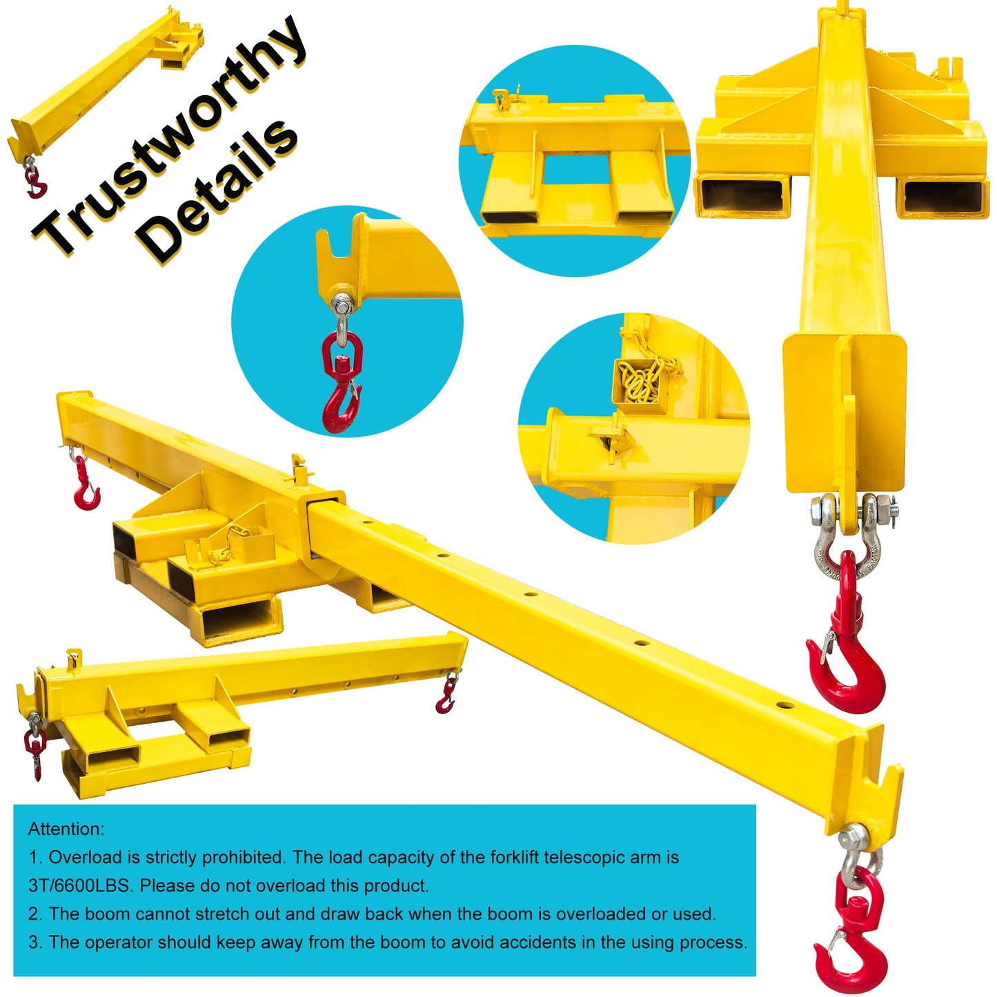 HayWHNKN 3T Forklift Jib Boom Hoist 12.1FT Bidirectional Telescopic Mobile Crane Attachment with 2 Bases, 2 Hooks, 6.3x2.56'' Socket, Lifting Towing Handling for Warehouse & Construction Material