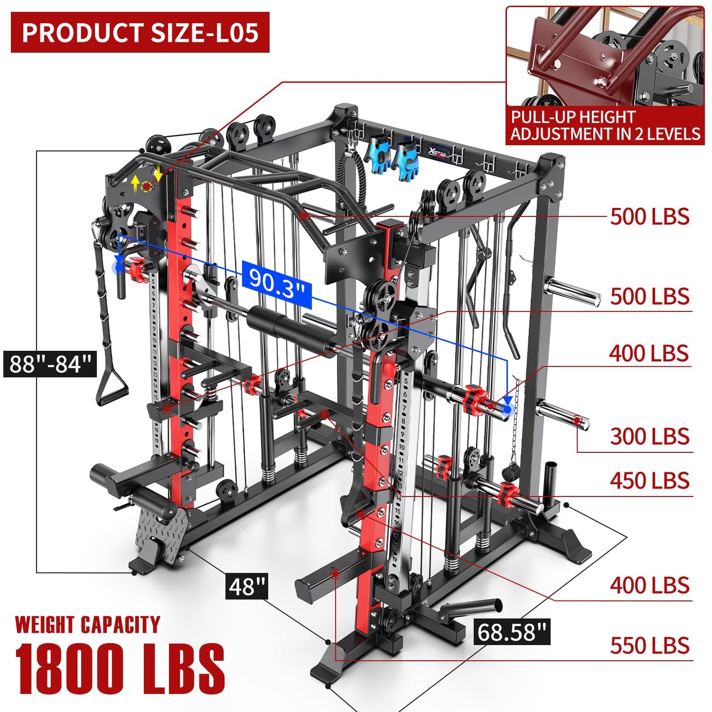 XGSW Smith Machine with Cable Crossover System, Multi-Function Squat Rack Power Cage for Home Gym, Power Rack and Packages Weight Sets (L05, Power cage Red+Bench)